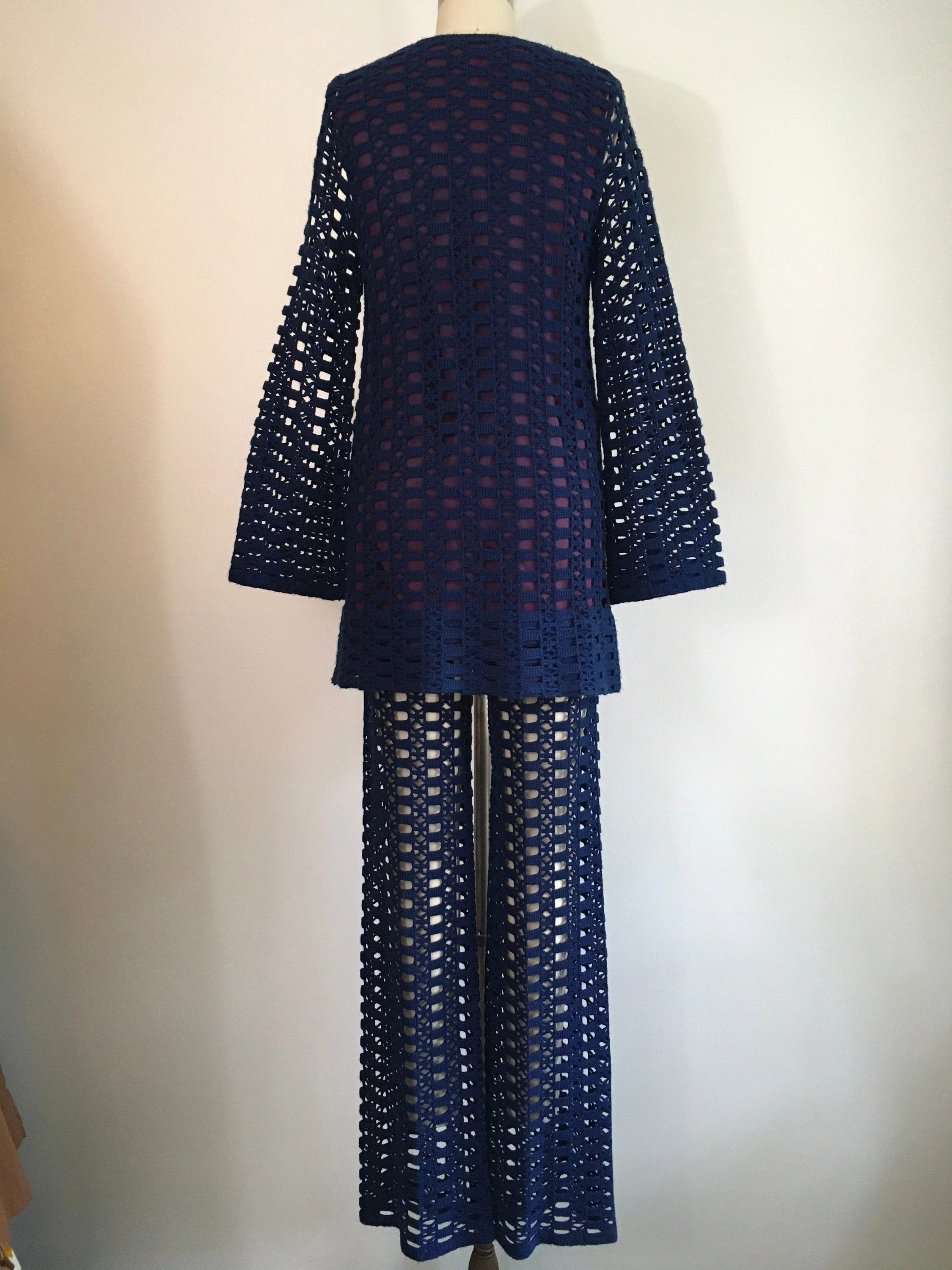 60's Navy Blue Crochet Knit Blouse and Pants Set by Golden Spider Knitwear - Image 2