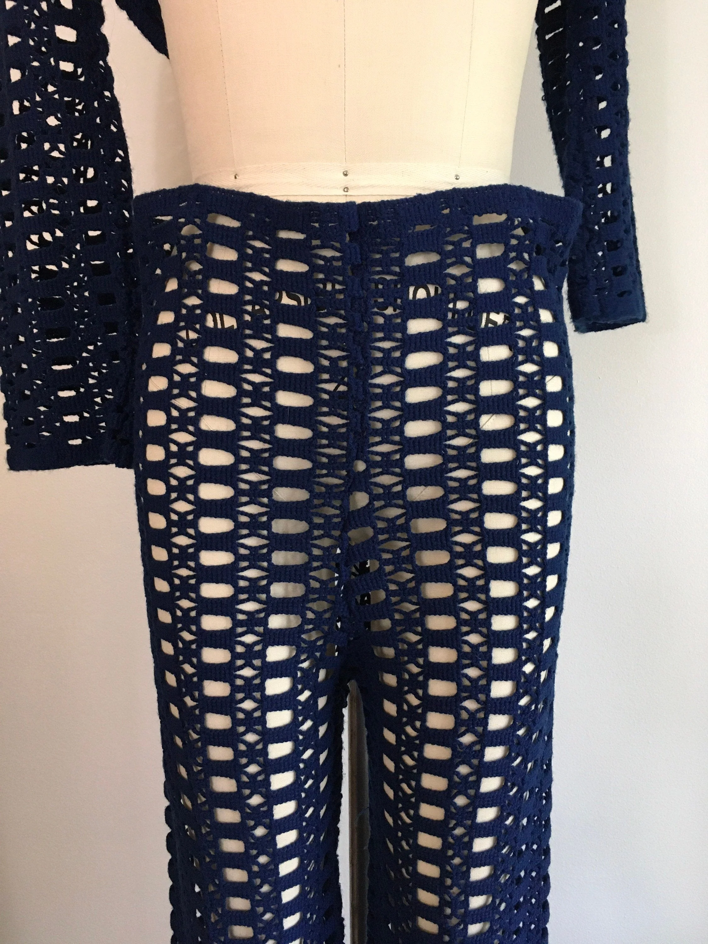 60's Navy Blue Crochet Knit Blouse and Pants Set by Golden Spider Knitwear - Image 6