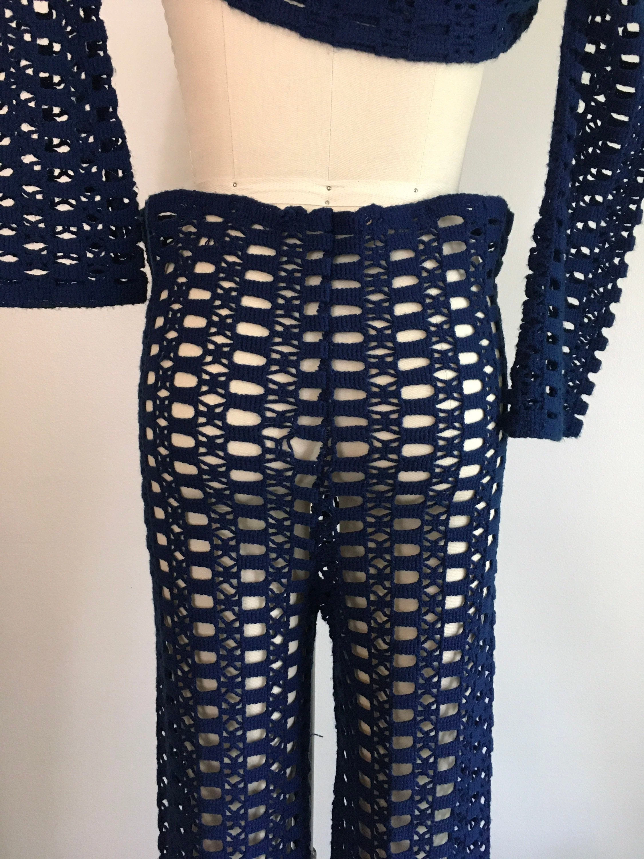 60's Navy Blue Crochet Knit Blouse and Pants Set by Golden Spider Knitwear - Image 7