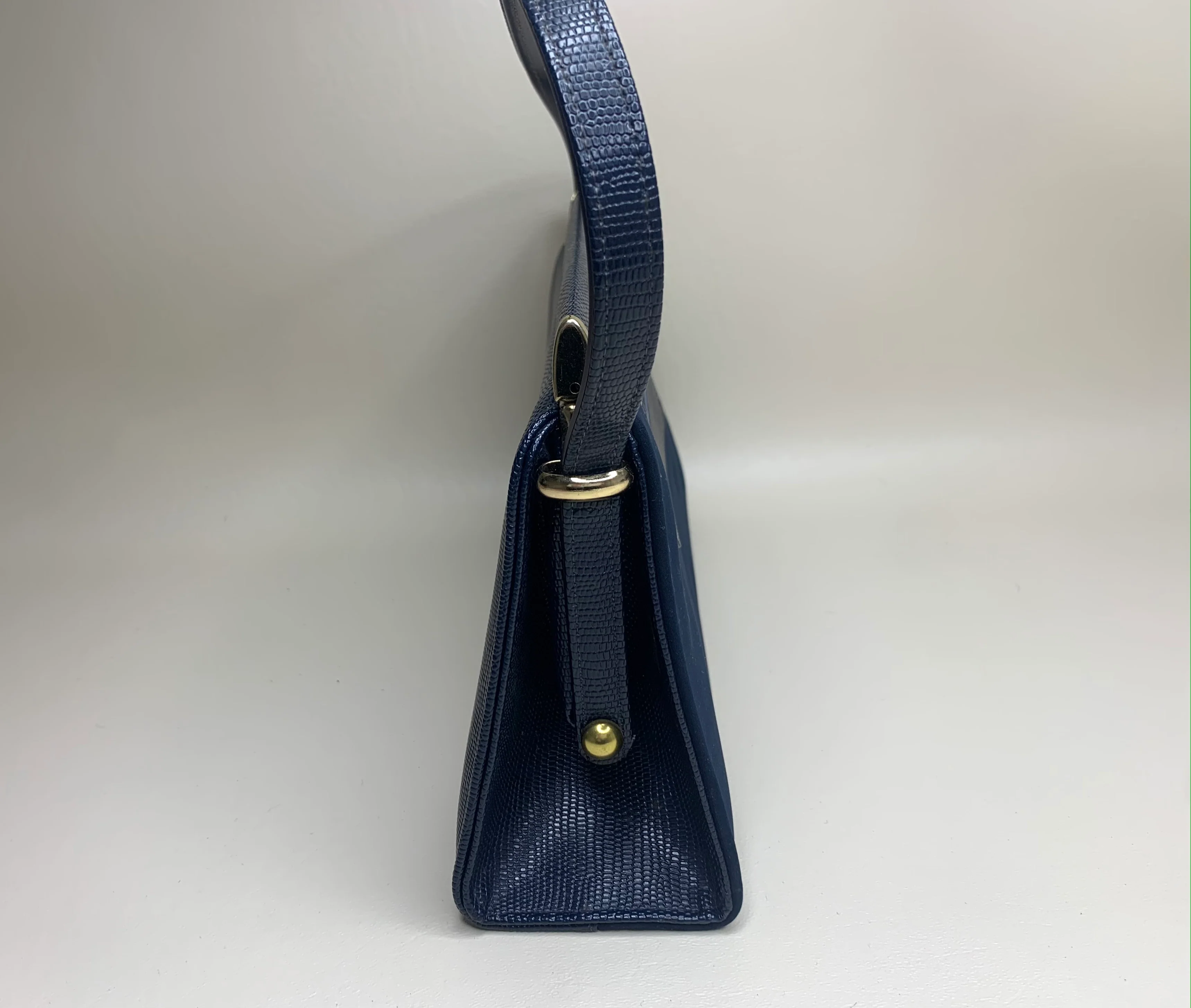 60s Navy Blue Faux Snake And Suede Top Handle Handbag By Ande - Image 10