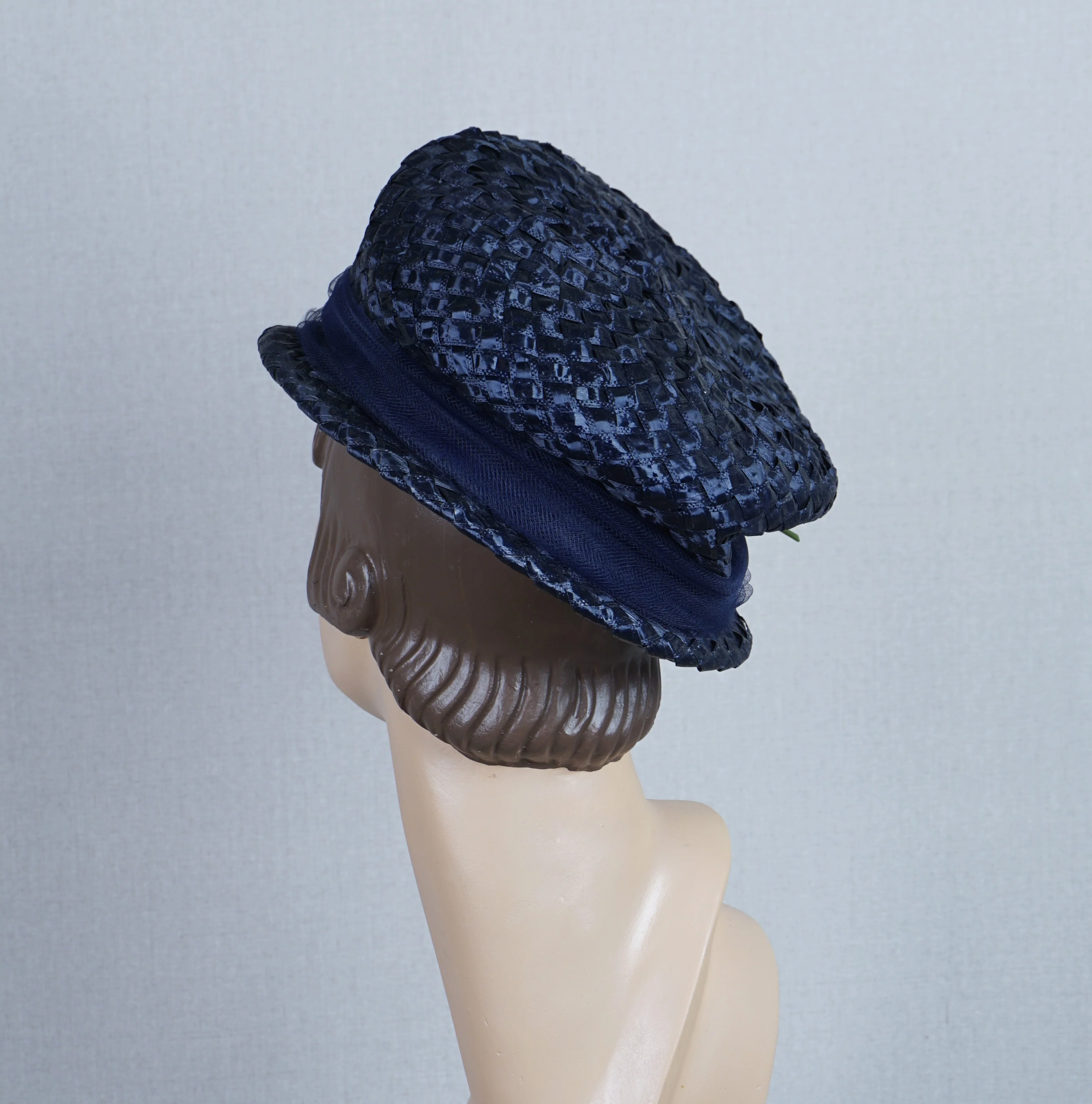 60s Navy Blue Straw Asymmetrical Hat With Silk Rose - Image 6