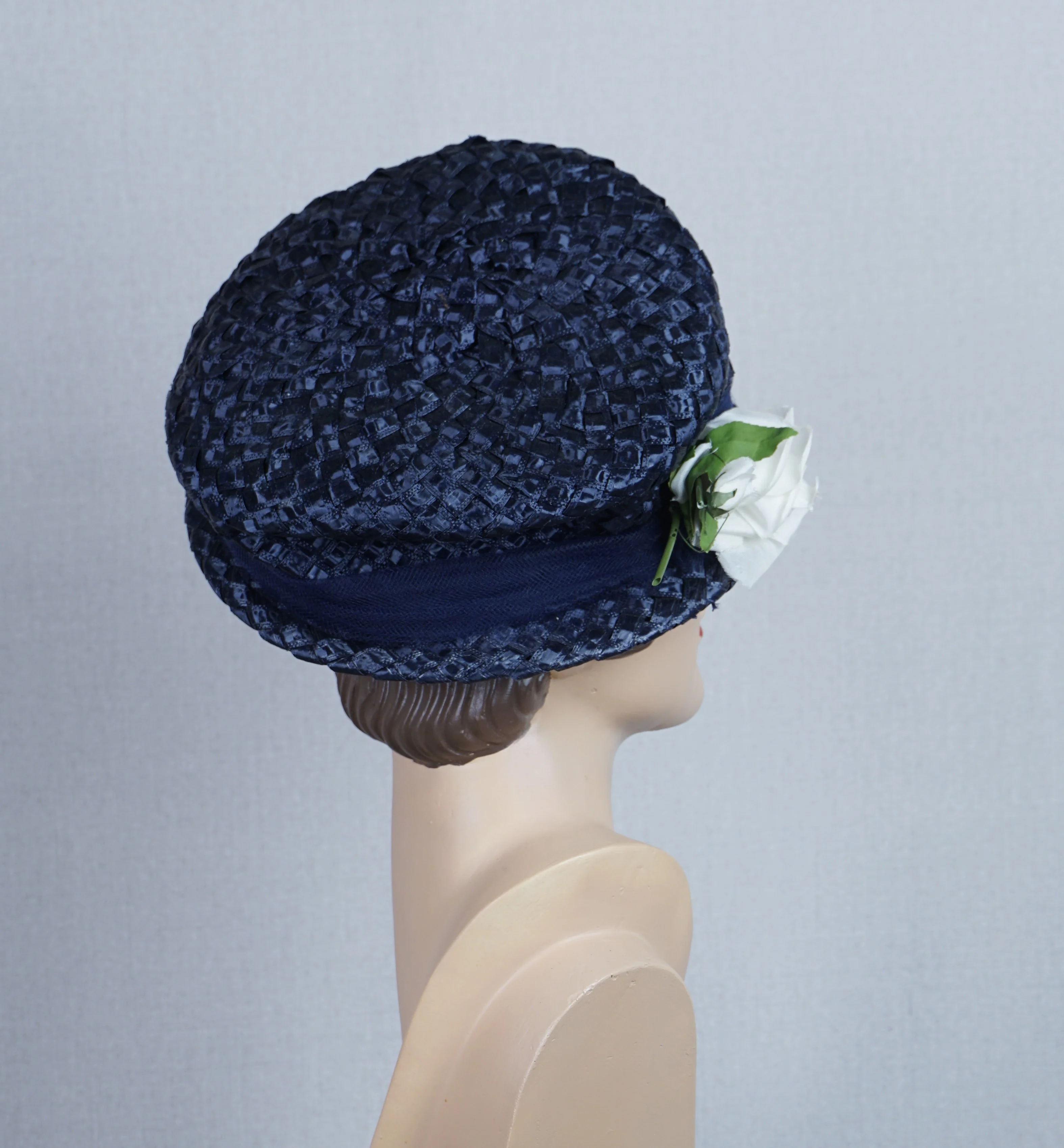 60s Navy Blue Straw Asymmetrical Hat With Silk Rose - Image 7