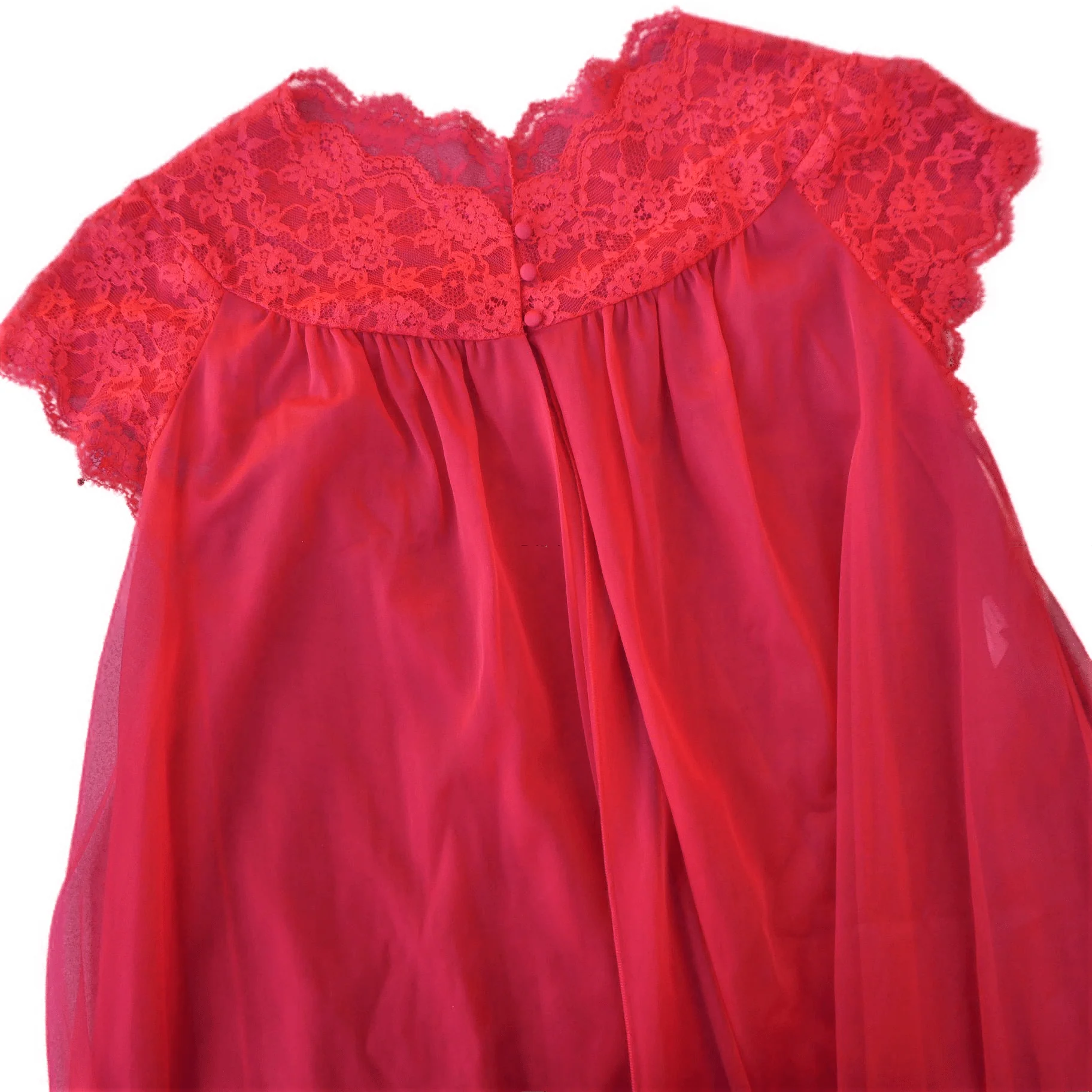 60s Nylon Red Dress Coat Robe Double Layer Lace S By Warner's - Image 3