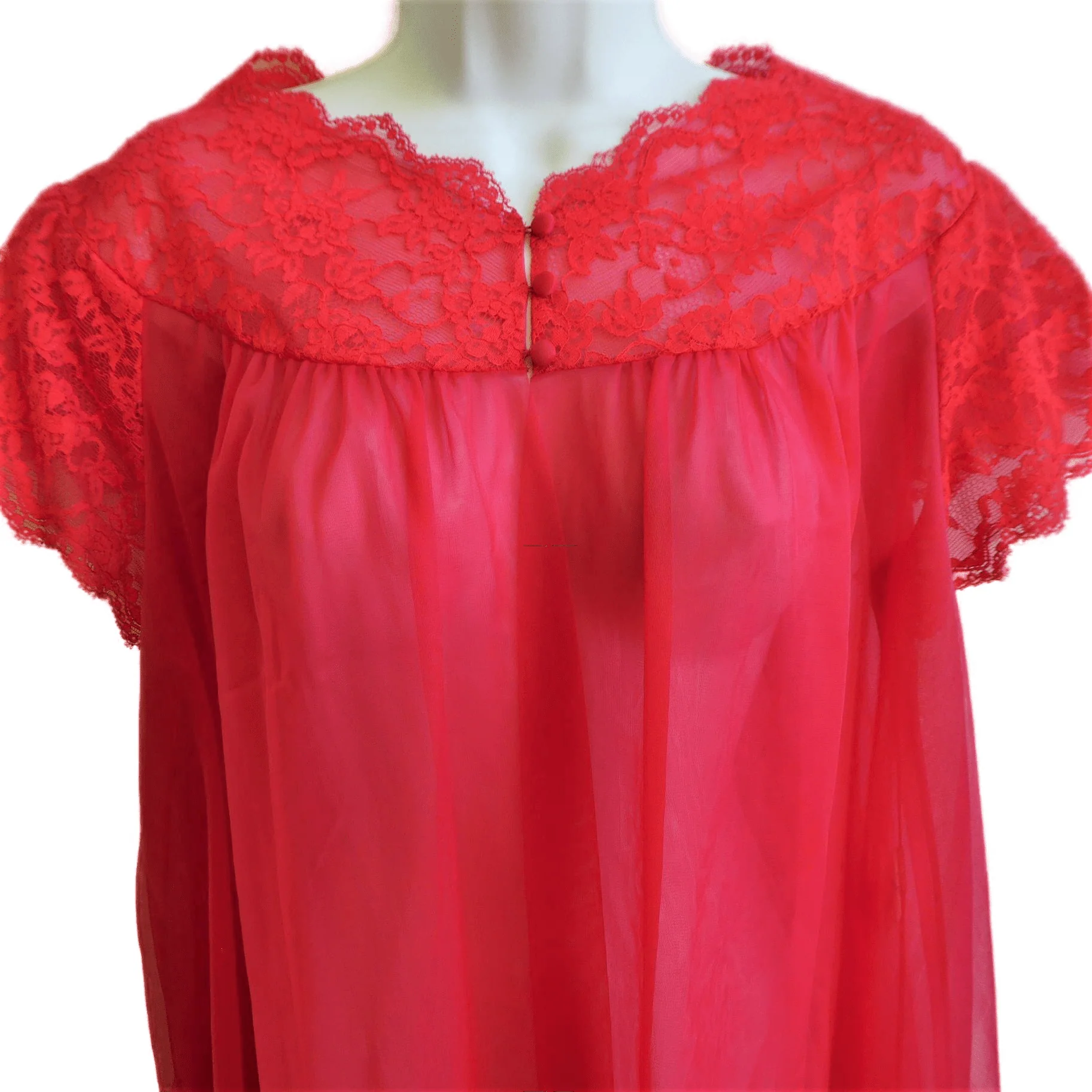 60s Nylon Red Dress Coat Robe Double Layer Lace S By Warner's - Image 4