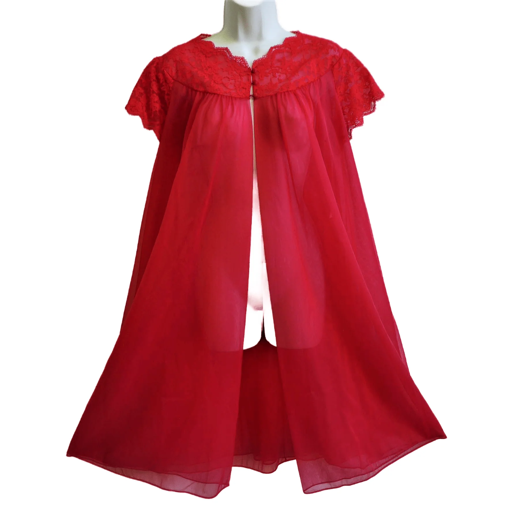 60s Nylon Red Dress Coat Robe Double Layer Lace S By Warner's - Image 5