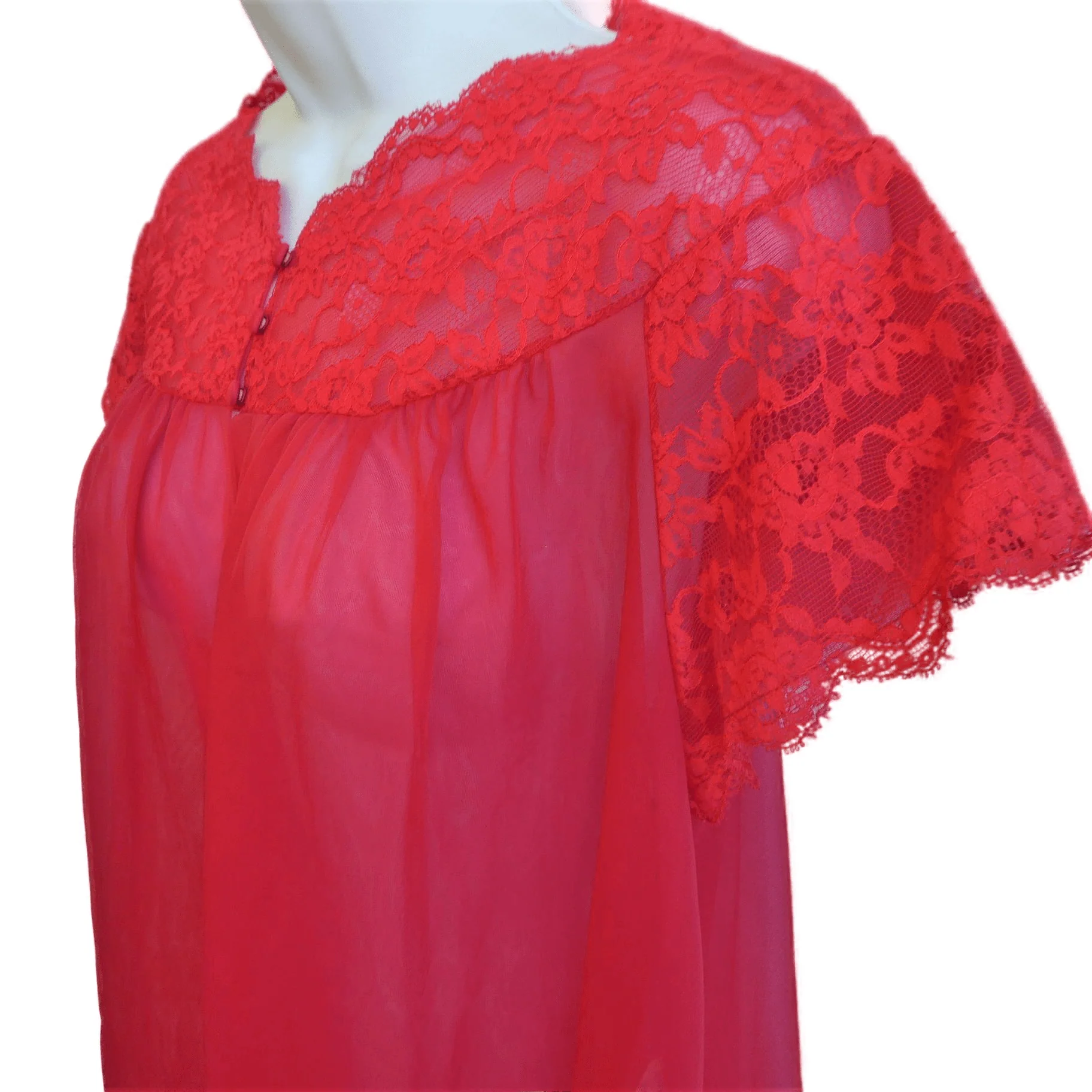 60s Nylon Red Dress Coat Robe Double Layer Lace S By Warner's - Image 7
