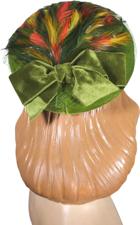 60s Olive Green Velvet Pillbox Hat Feathers Trim - Image 2
