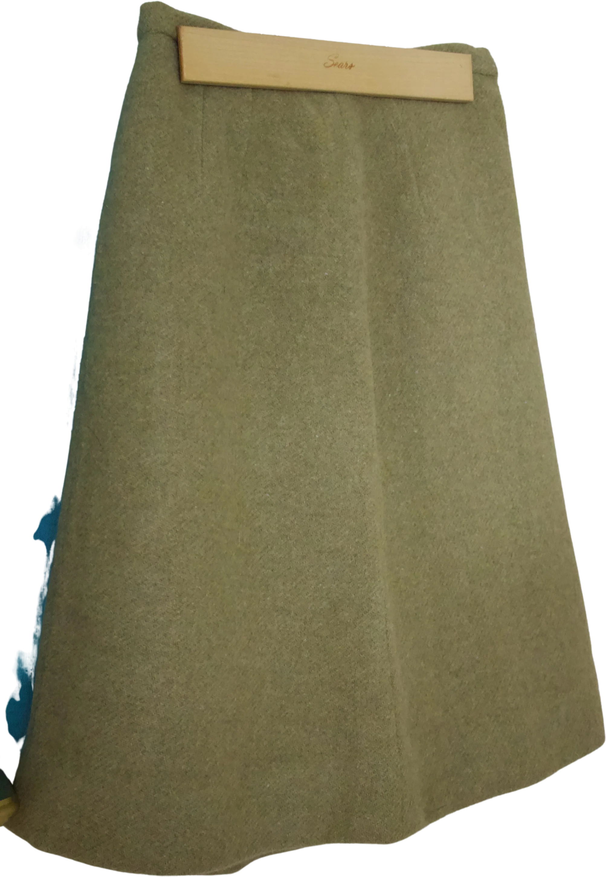 60s Olive Green Wool Skirt with Mother of Pearl Style Button