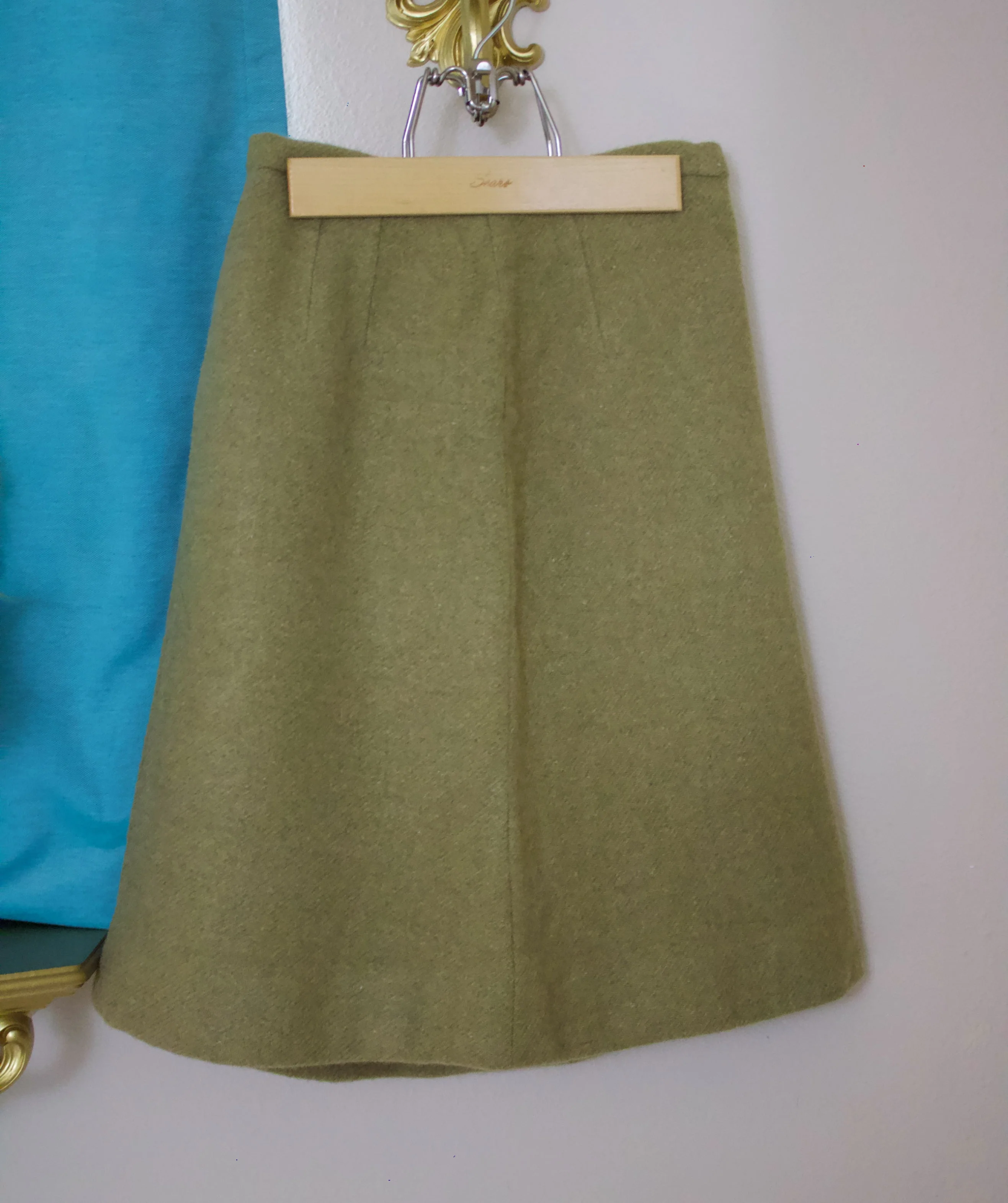 60s Olive Green Wool Skirt with Mother of Pearl Style Button - Image 2
