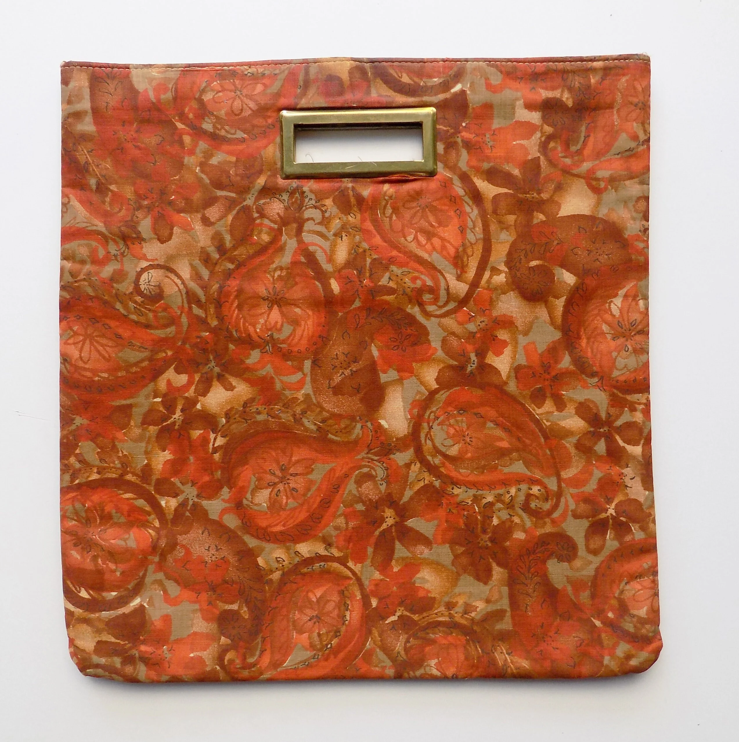 60s Orange Cotton Paisley Purse with Square Cutout Handle Folding Clutch Metal Spring Closure Black Lining Hippie Mod - Image 5
