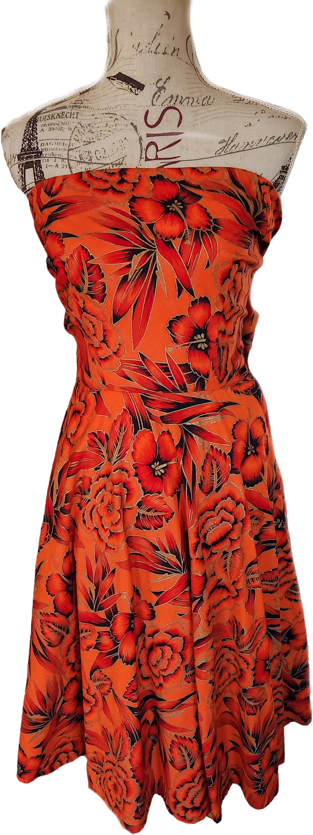 60s Orange Gold And Black Strapless Hawaiian Dress