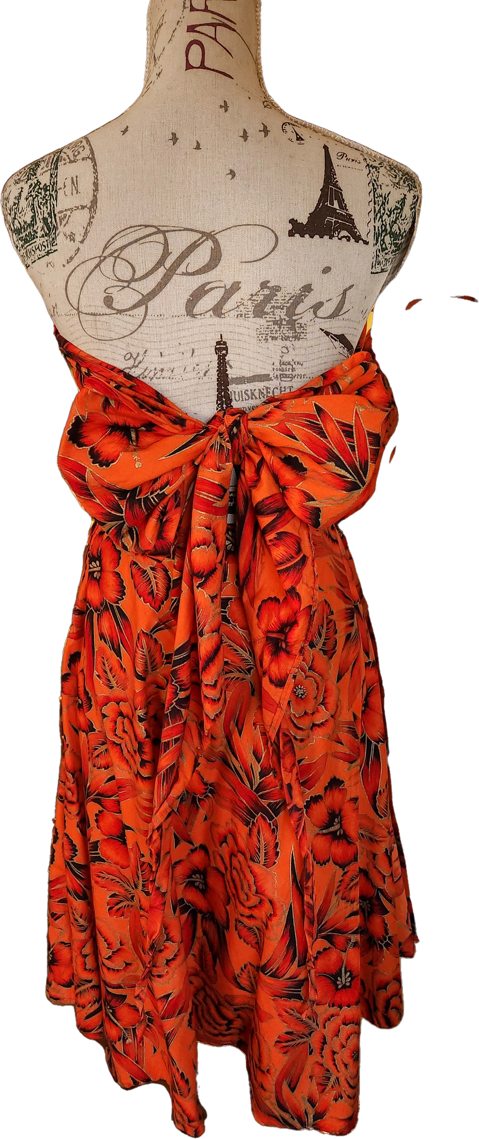 60s Orange Gold And Black Strapless Hawaiian Dress - Image 2