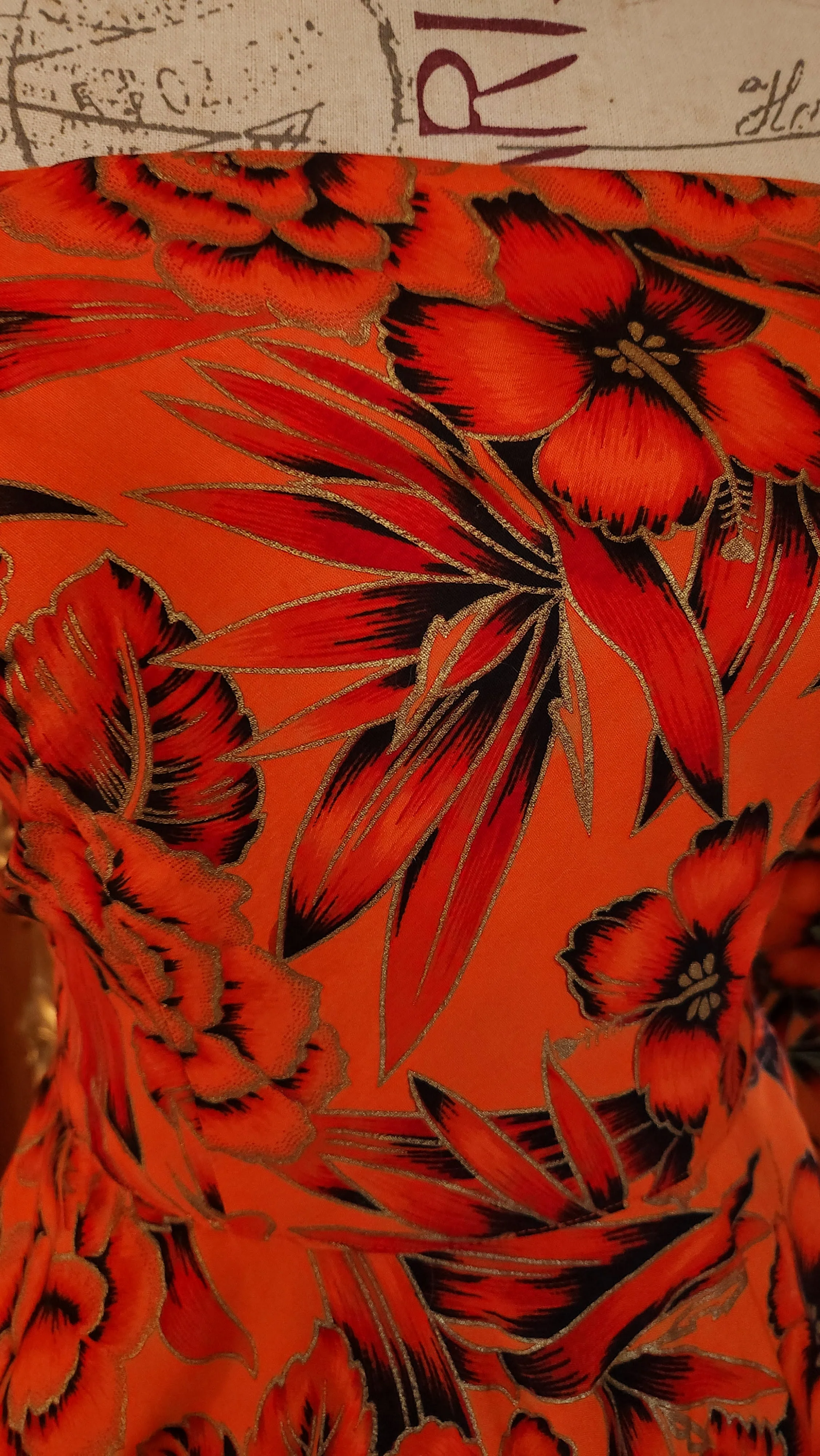 60s Orange Gold And Black Strapless Hawaiian Dress - Image 6
