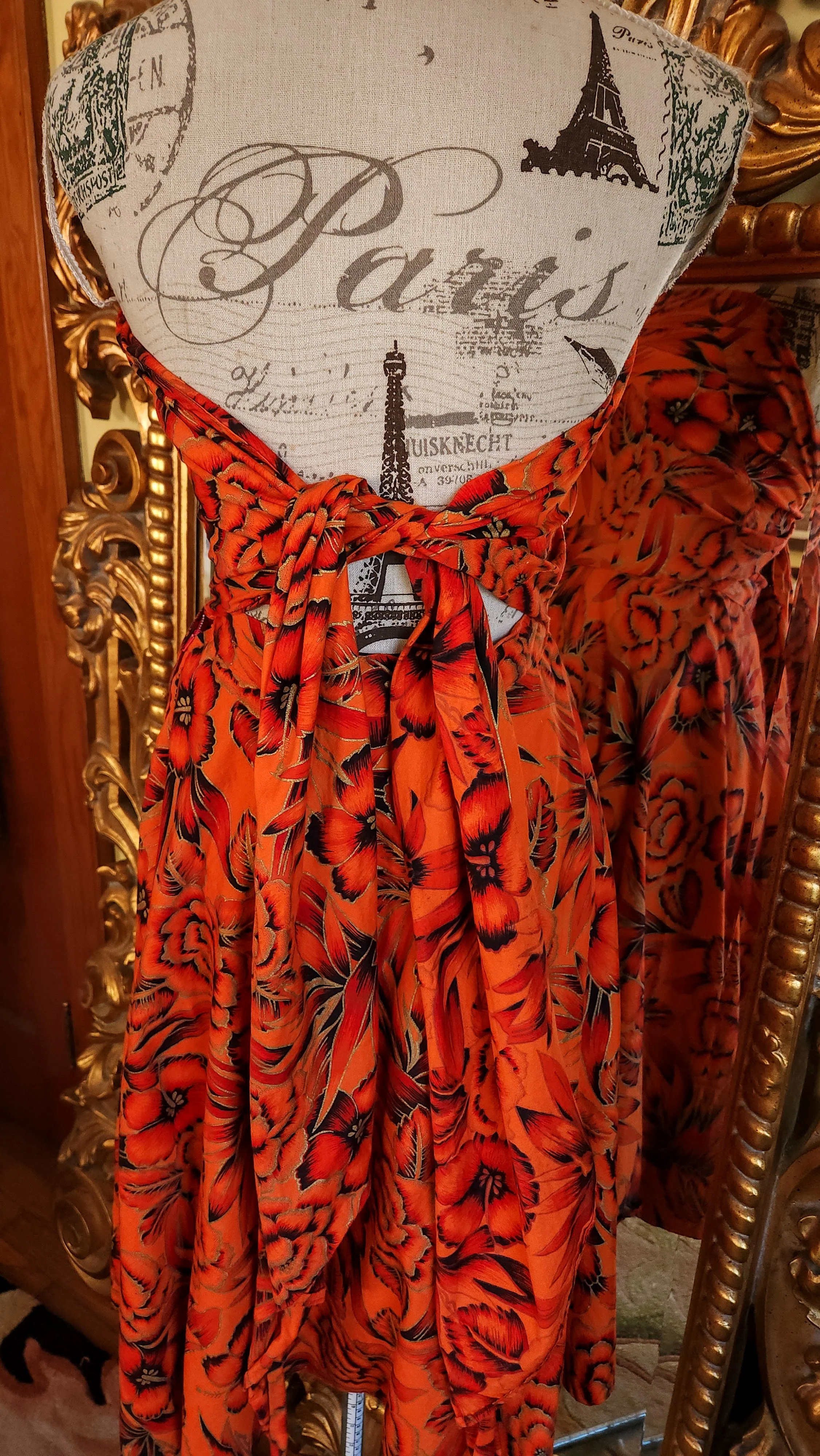 60s Orange Gold And Black Strapless Hawaiian Dress - Image 8