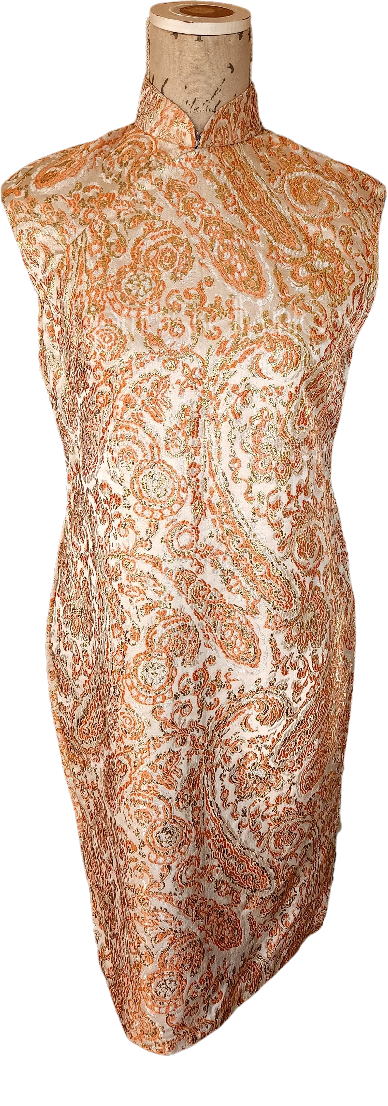 60s Orange Metallic Paisley Brocade Cheongsam Dress