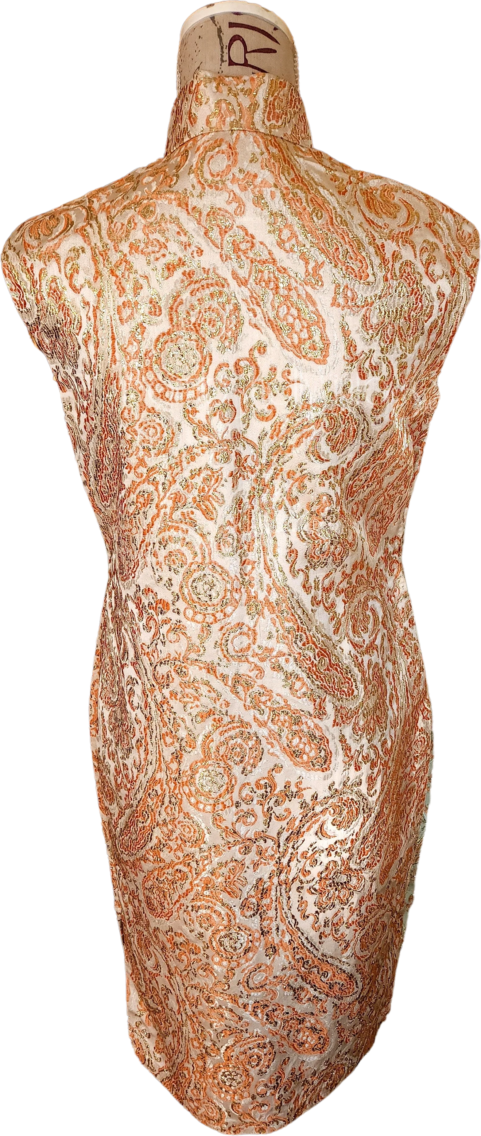60s Orange Metallic Paisley Brocade Cheongsam Dress - Image 2