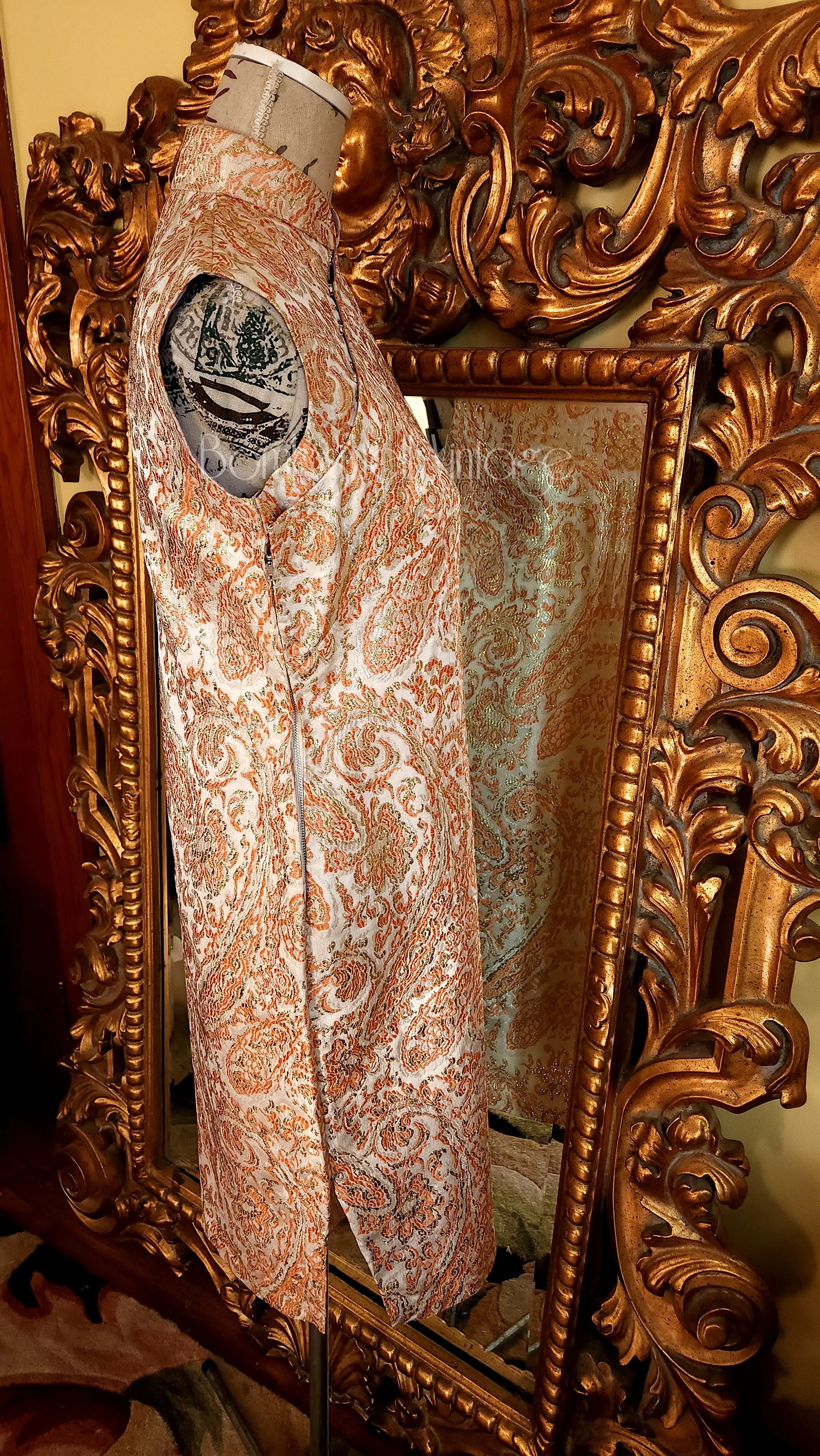 60s Orange Metallic Paisley Brocade Cheongsam Dress - Image 3