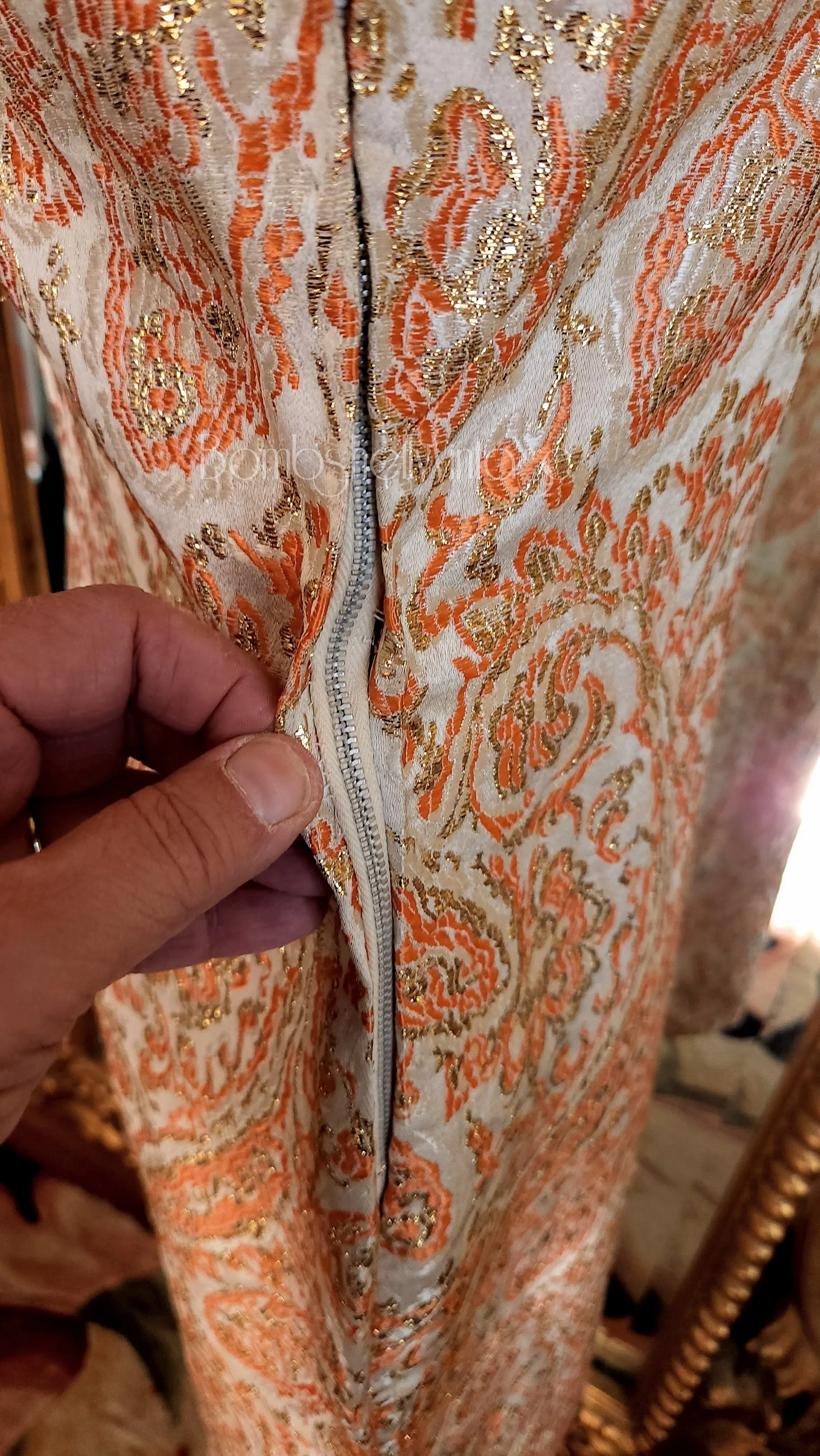 60s Orange Metallic Paisley Brocade Cheongsam Dress - Image 4