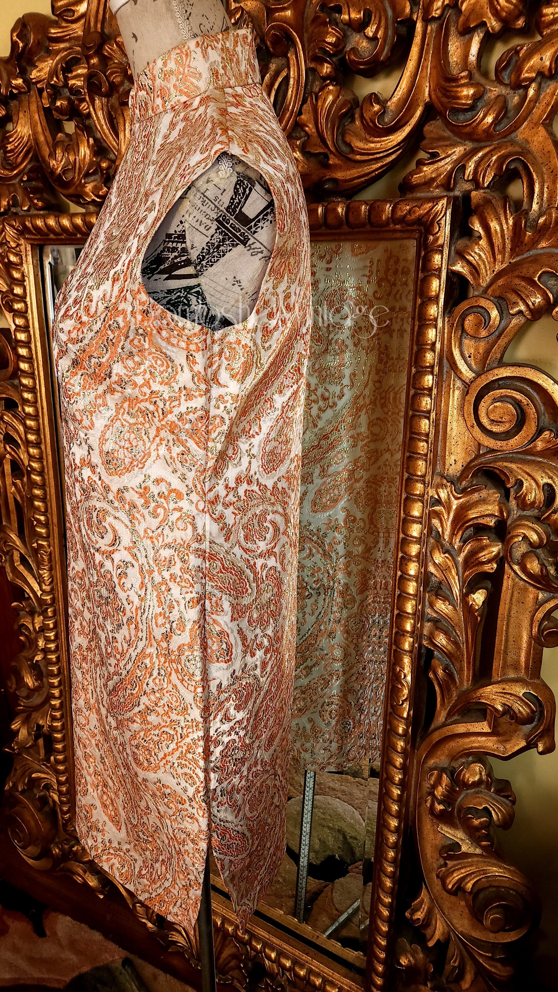 60s Orange Metallic Paisley Brocade Cheongsam Dress - Image 5
