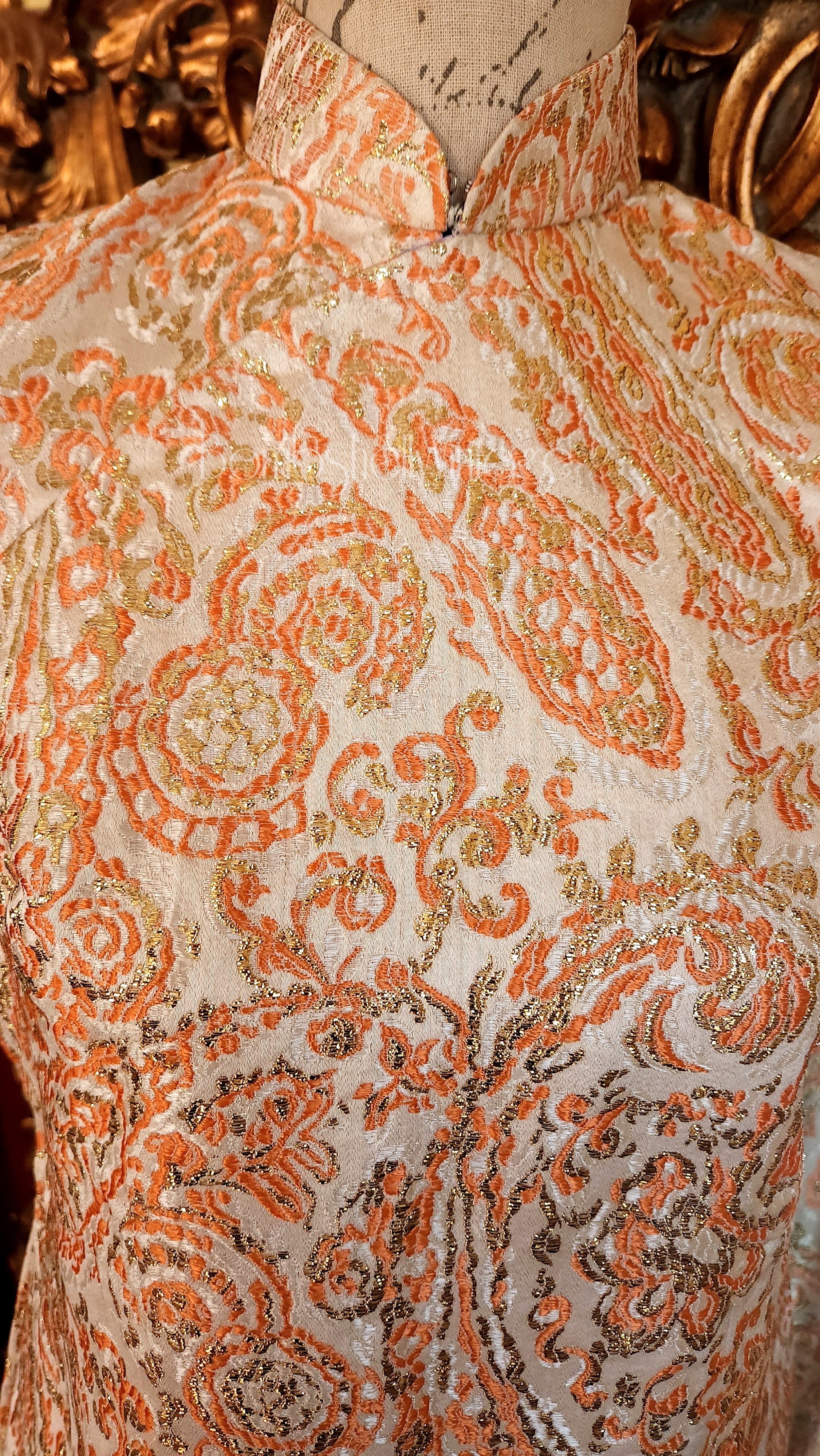 60s Orange Metallic Paisley Brocade Cheongsam Dress - Image 6