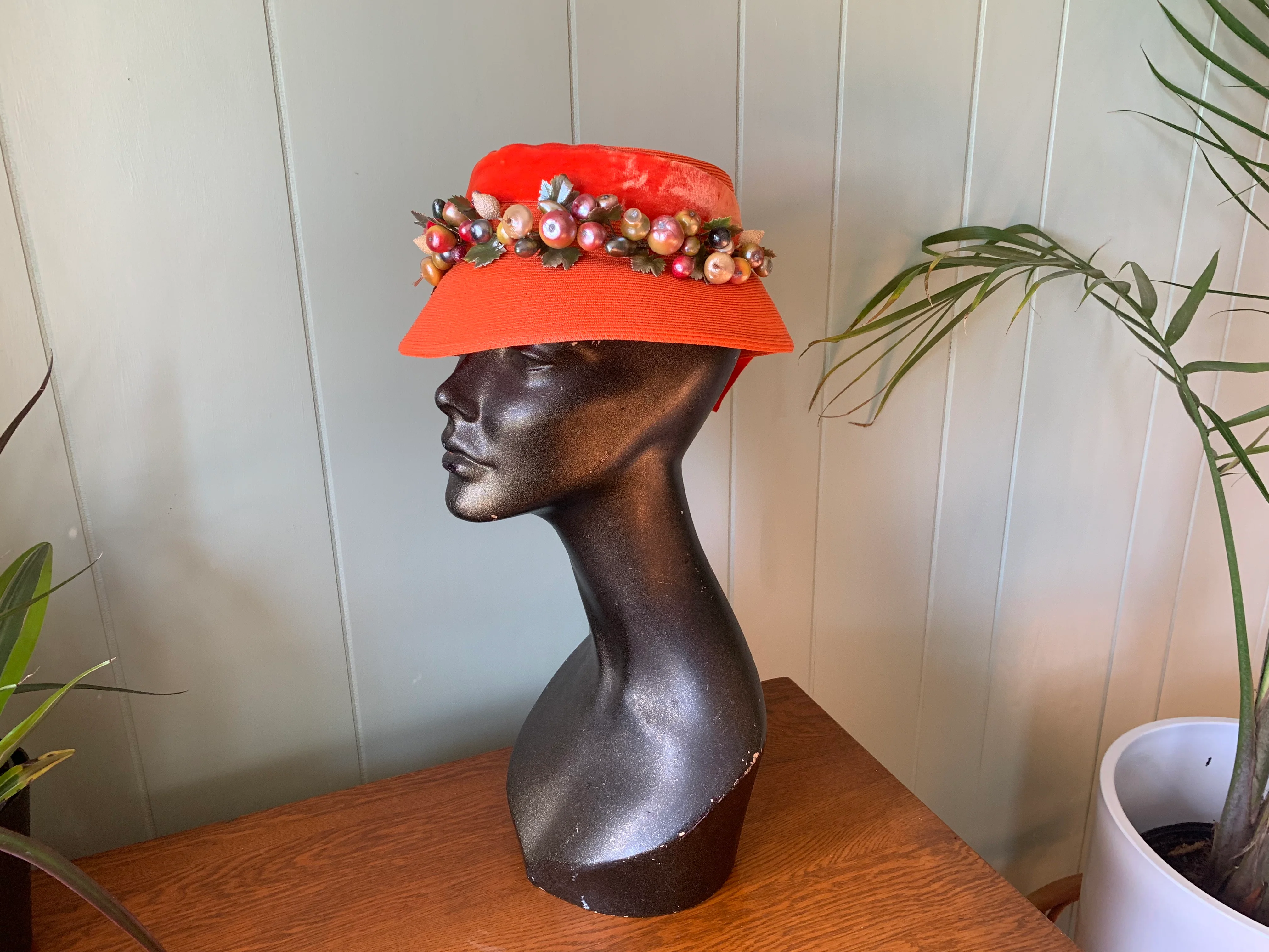 60s Orange Milan Straw Hat Orange Velvet Band Fruit - Image 3