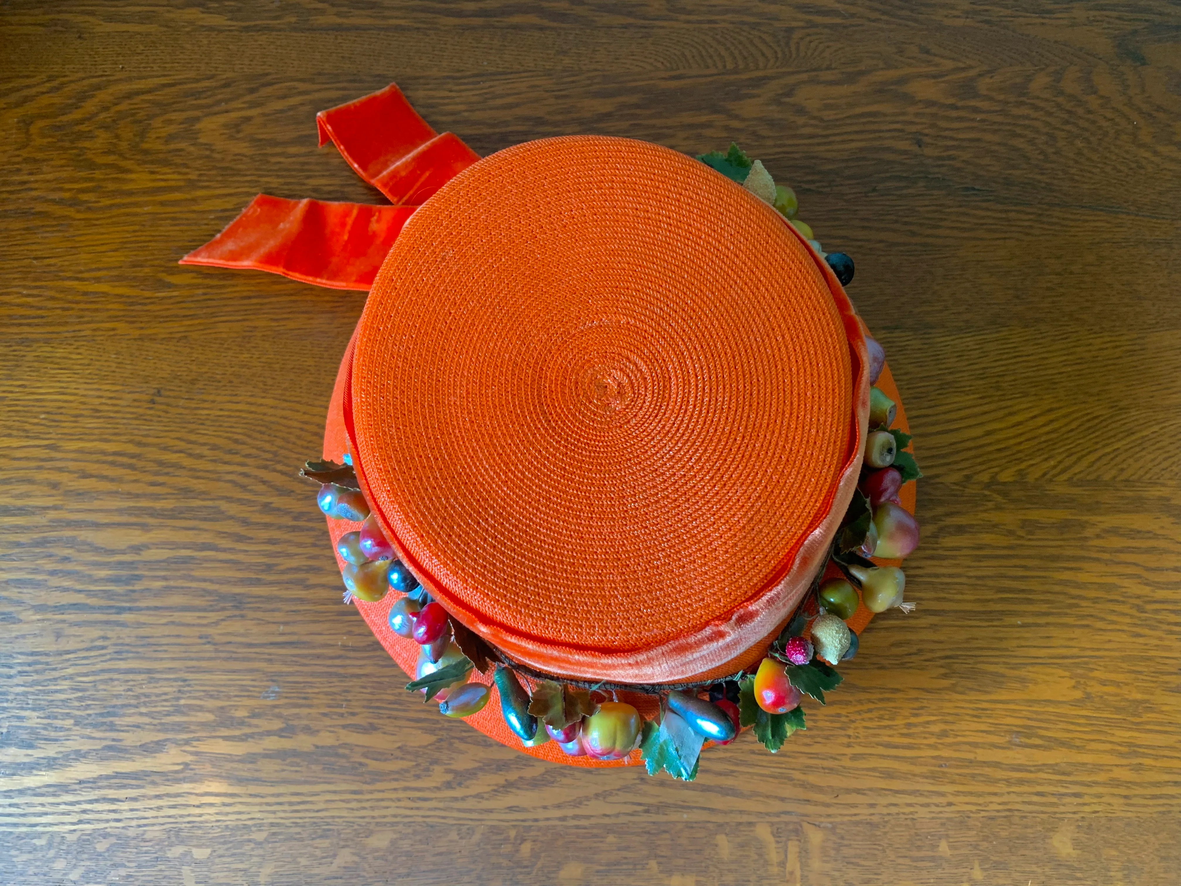 60s Orange Milan Straw Hat Orange Velvet Band Fruit - Image 9