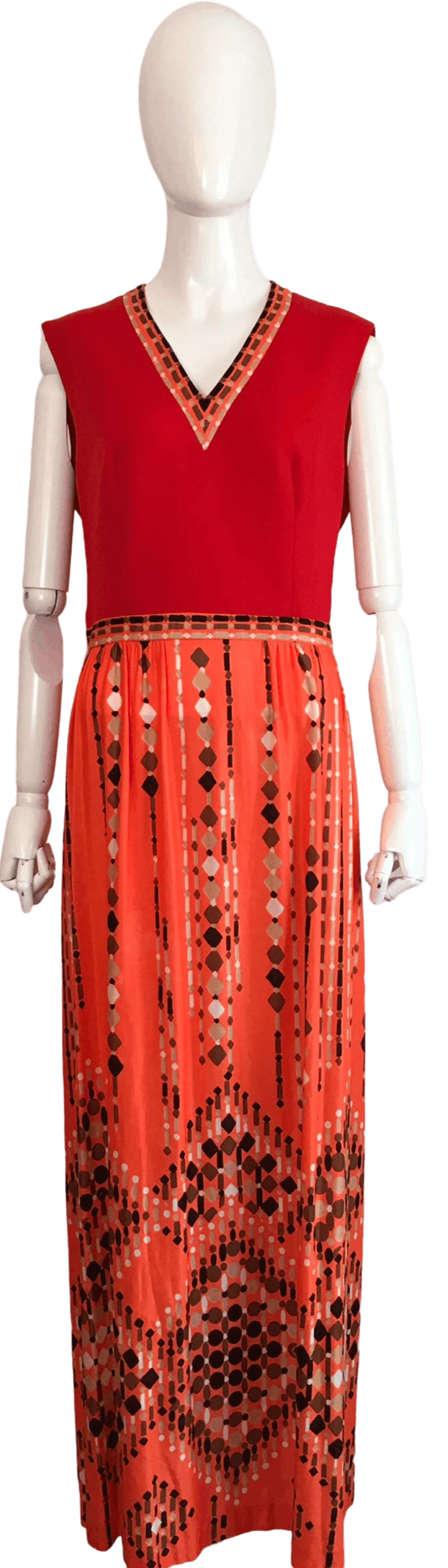 60's Orange Mod Border Print Maxi Dress by Leslie Fay Knits