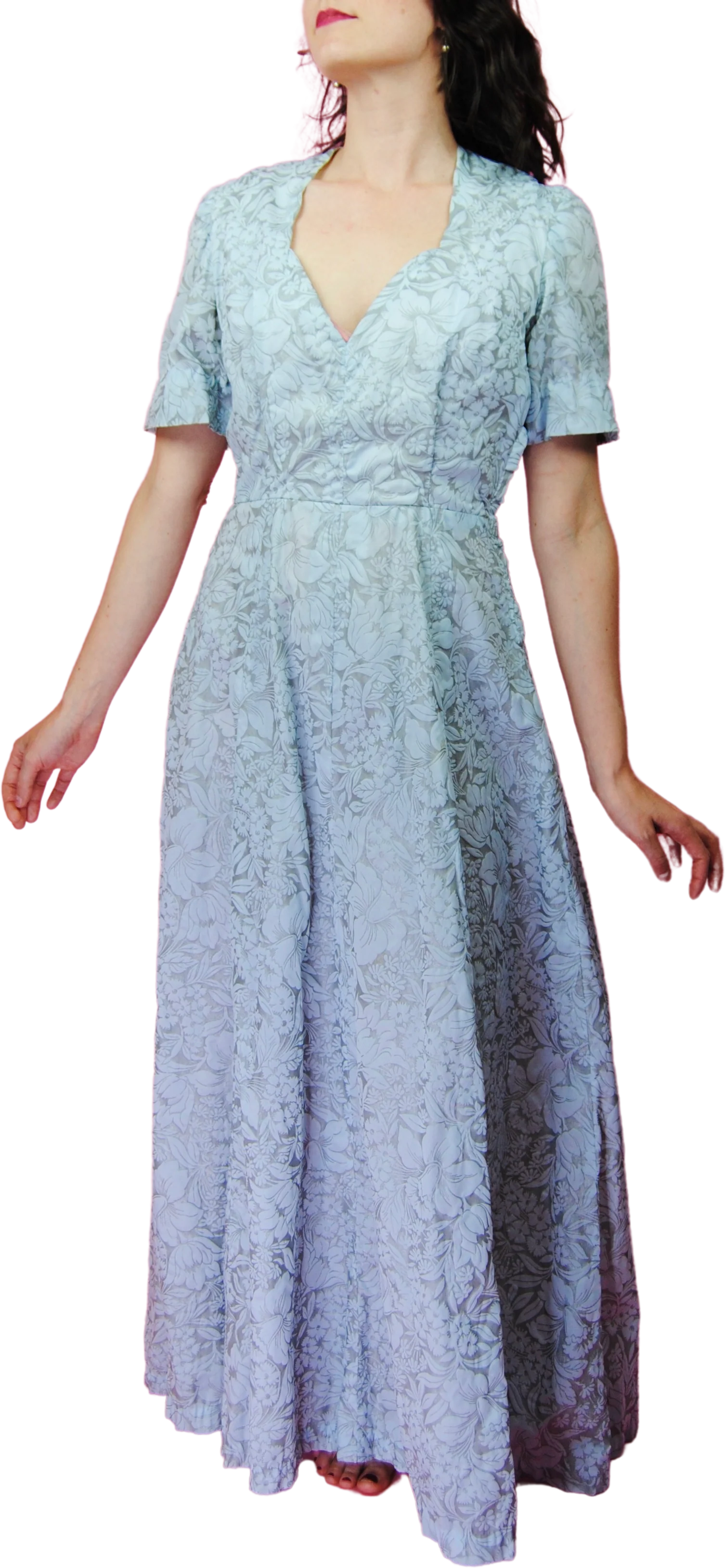 50s/60s Pale Blue And Silver Floral Lawn Dress Or Gown