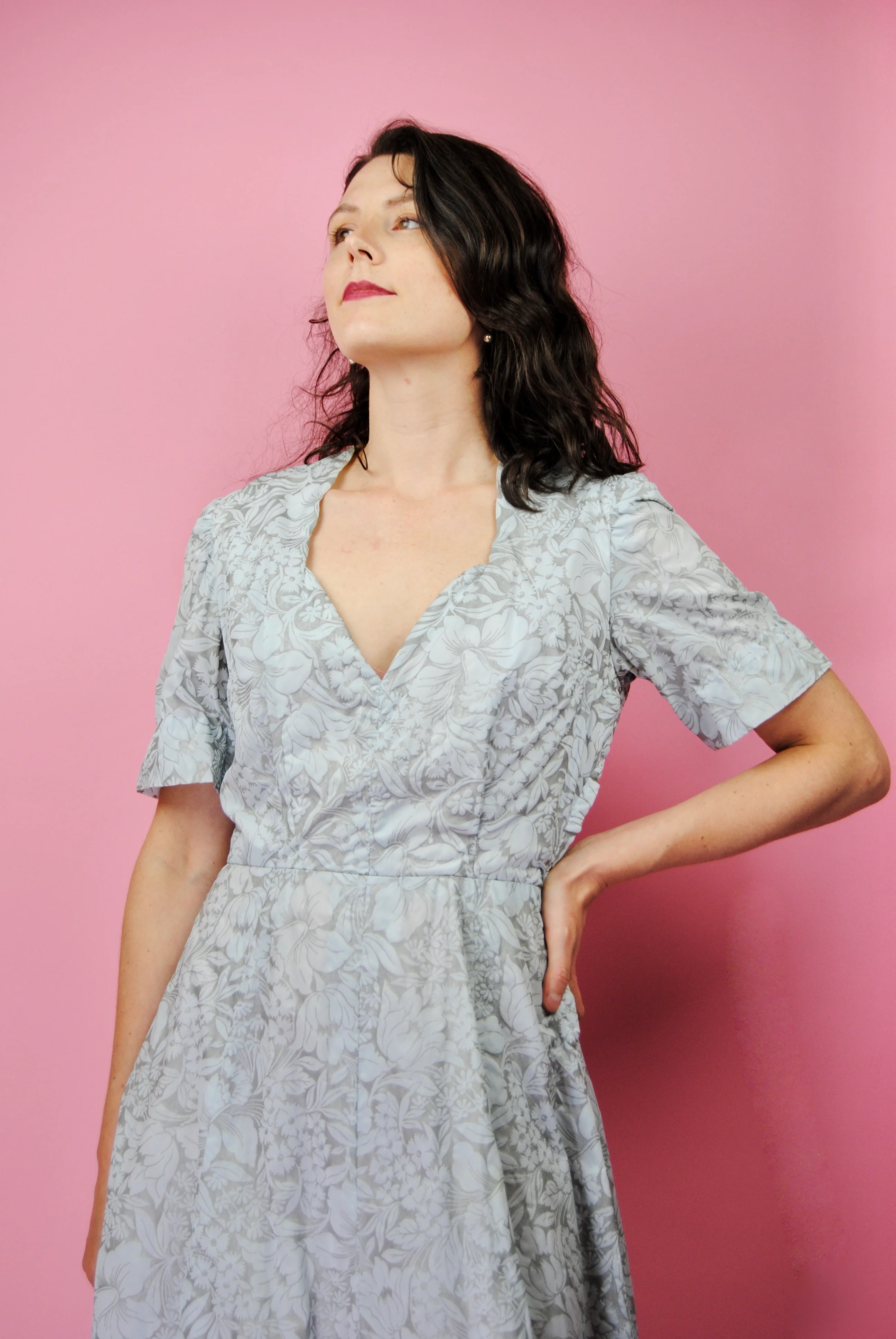50s/60s Pale Blue And Silver Floral Lawn Dress Or Gown - Image 10