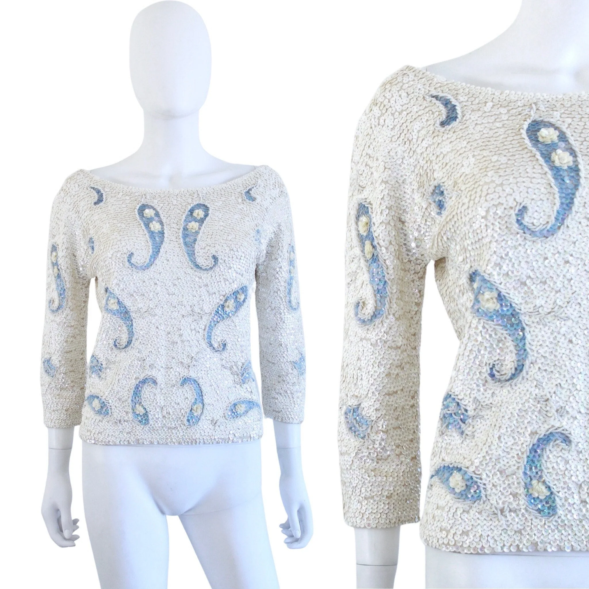 60s Pale Blue and White Sequin Blouse by PRISTINE - Image 2