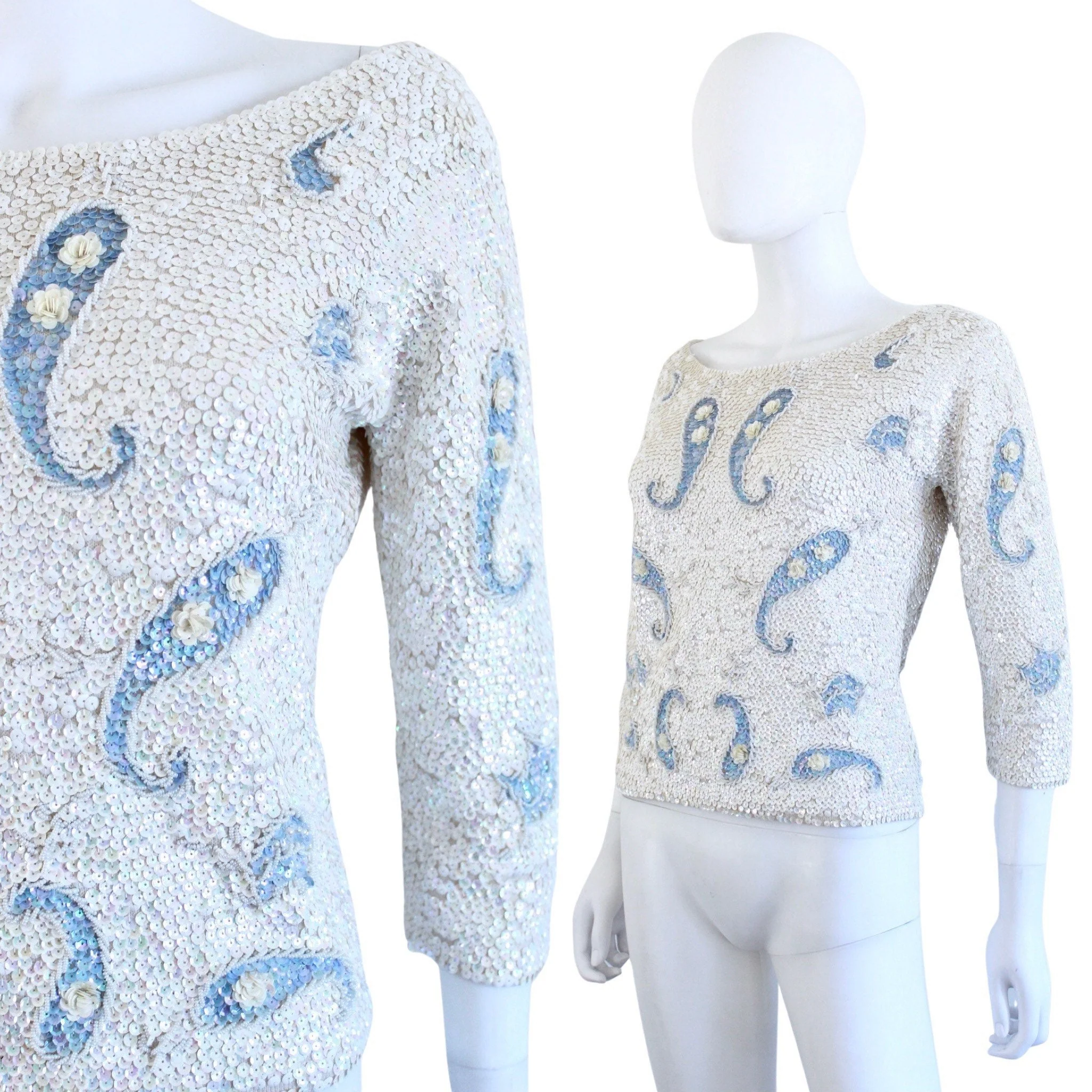 60s Pale Blue and White Sequin Blouse by PRISTINE - Image 3
