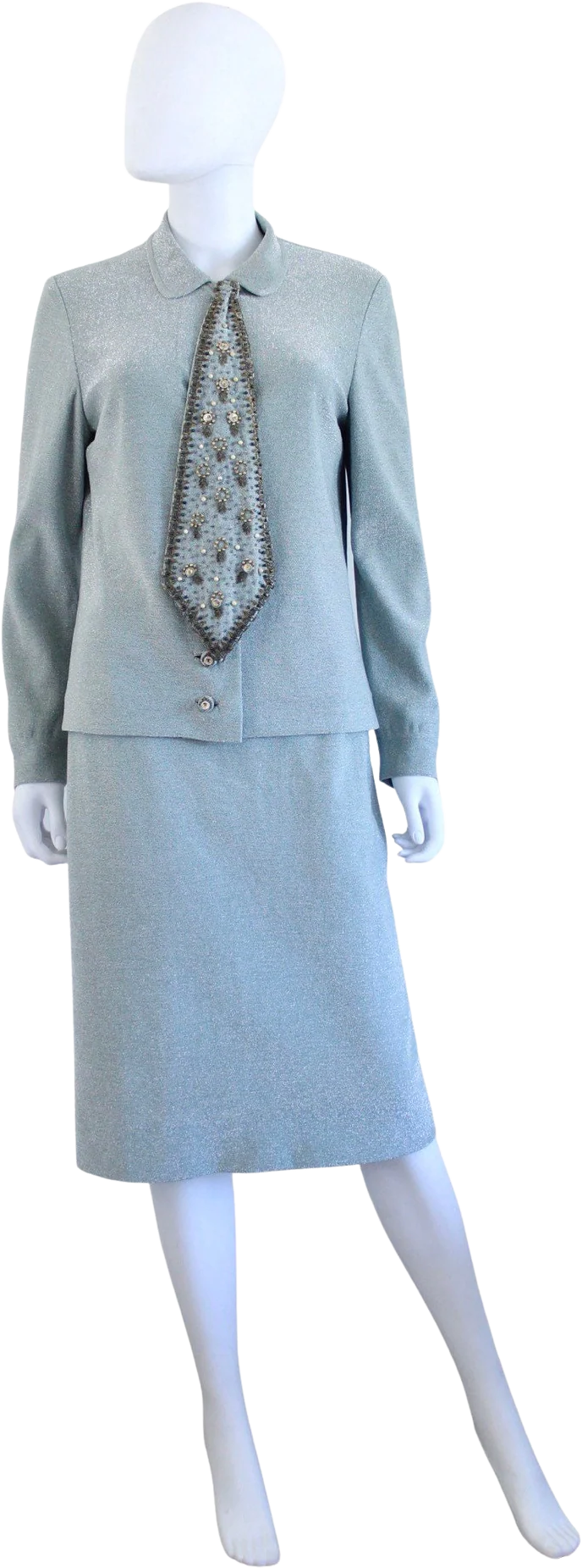 60s Pale Ice Blue Lurex Skirt Set with Beaded Necktie
