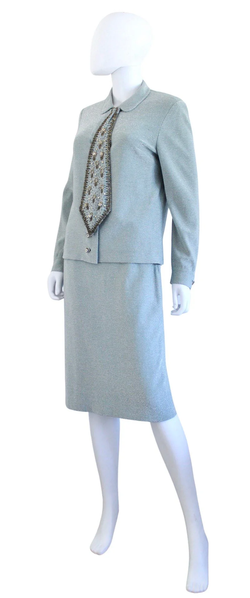 60s Pale Ice Blue Lurex Skirt Set with Beaded Necktie - Image 4