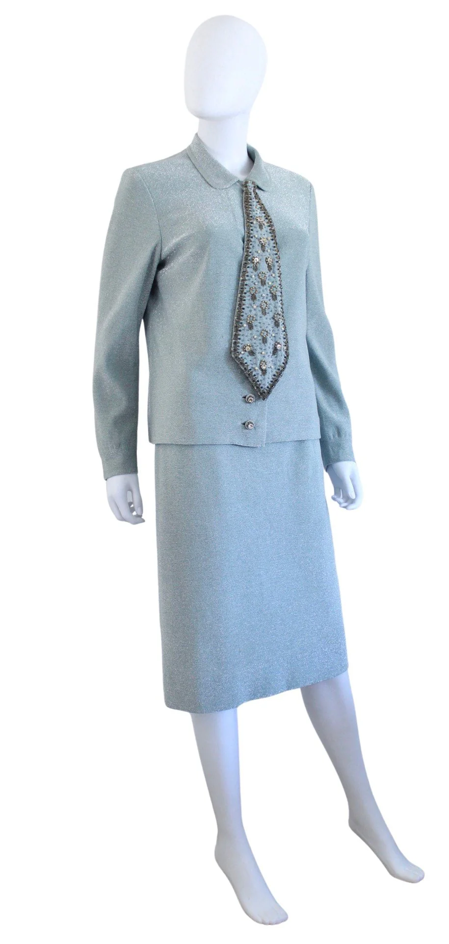 60s Pale Ice Blue Lurex Skirt Set with Beaded Necktie - Image 6