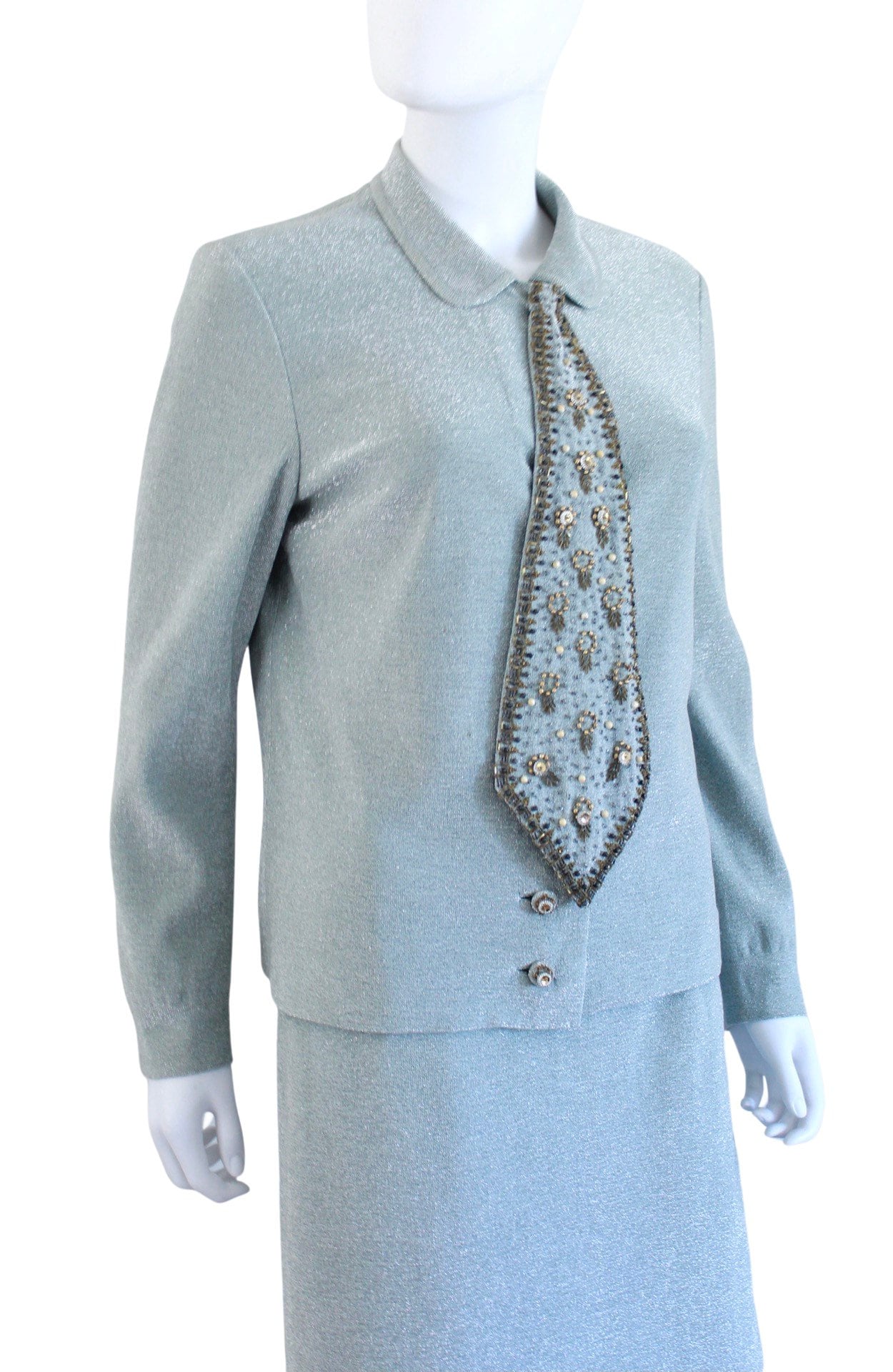 60s Pale Ice Blue Lurex Skirt Set with Beaded Necktie - Image 7