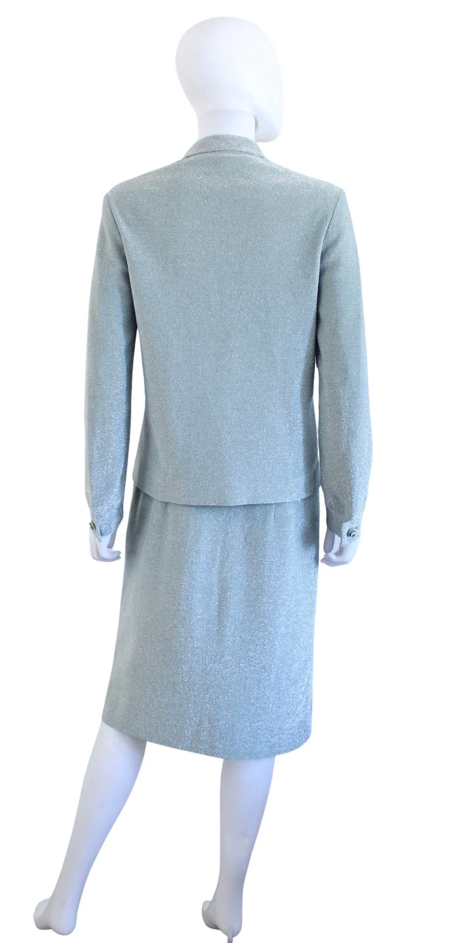 60s Pale Ice Blue Lurex Skirt Set with Beaded Necktie - Image 8