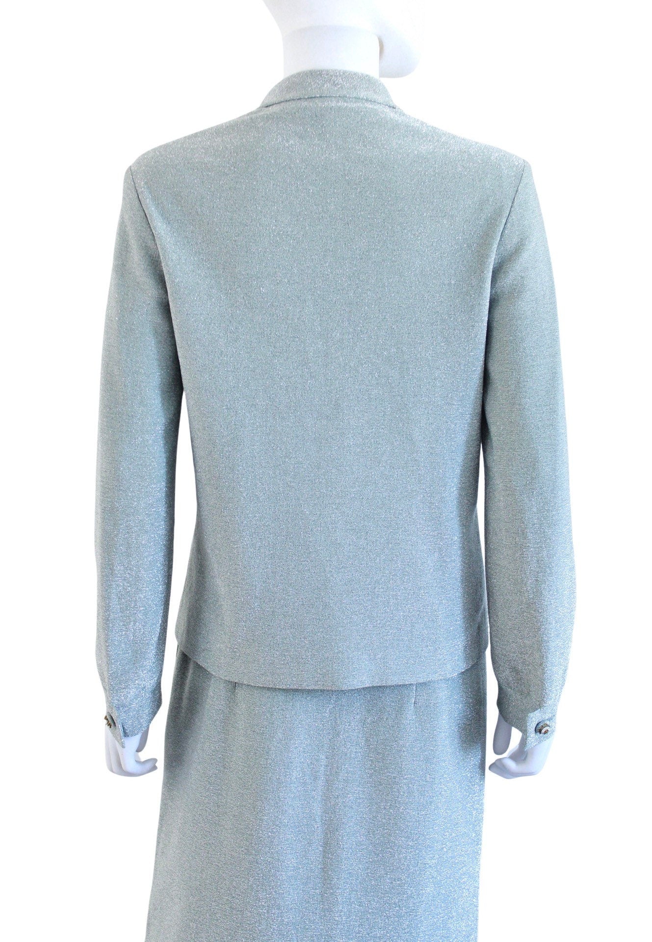 60s Pale Ice Blue Lurex Skirt Set with Beaded Necktie - Image 9