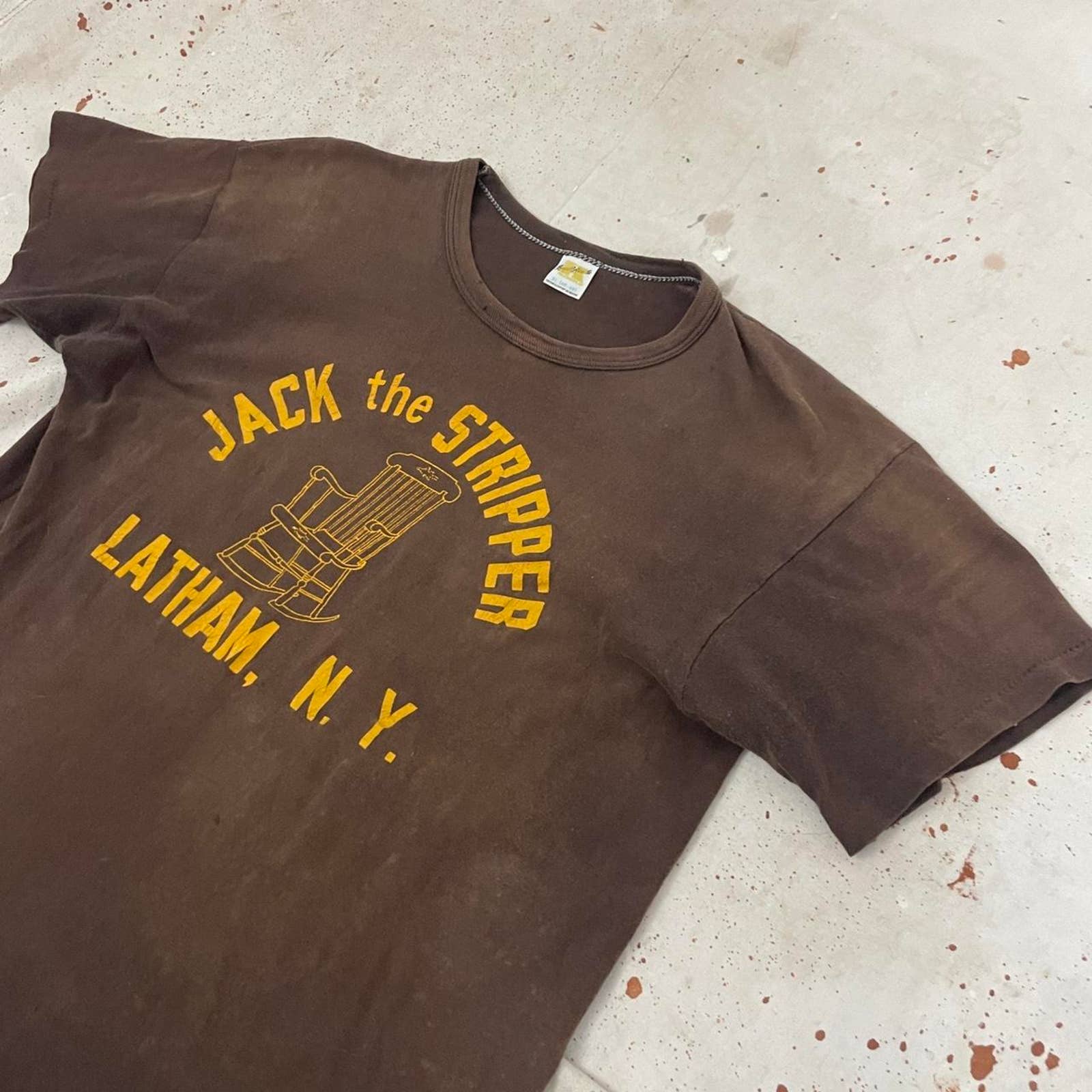 60s Paper Thin and Faded Brown Furniture Repair Shop Advertisement T-Shirt by Russell Athletic - Image 3