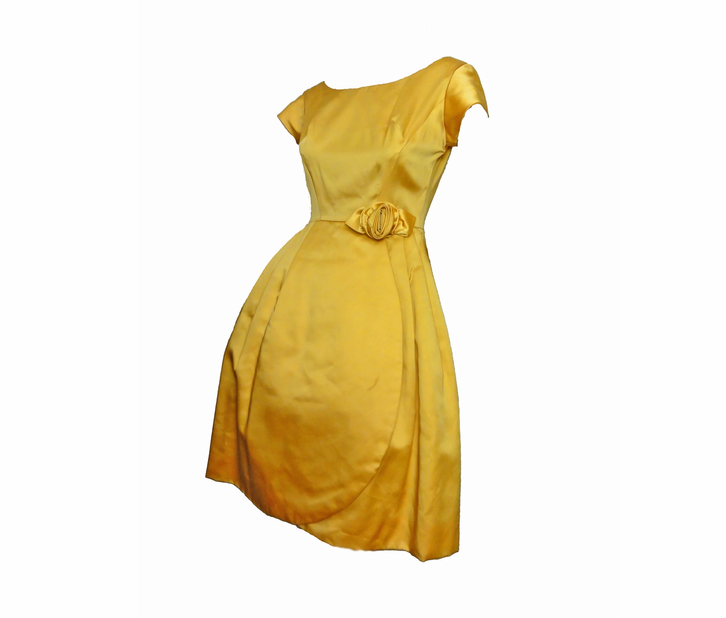 60s Party Dress Gold Satin Bubble Skirt Evening Gown - Image 3