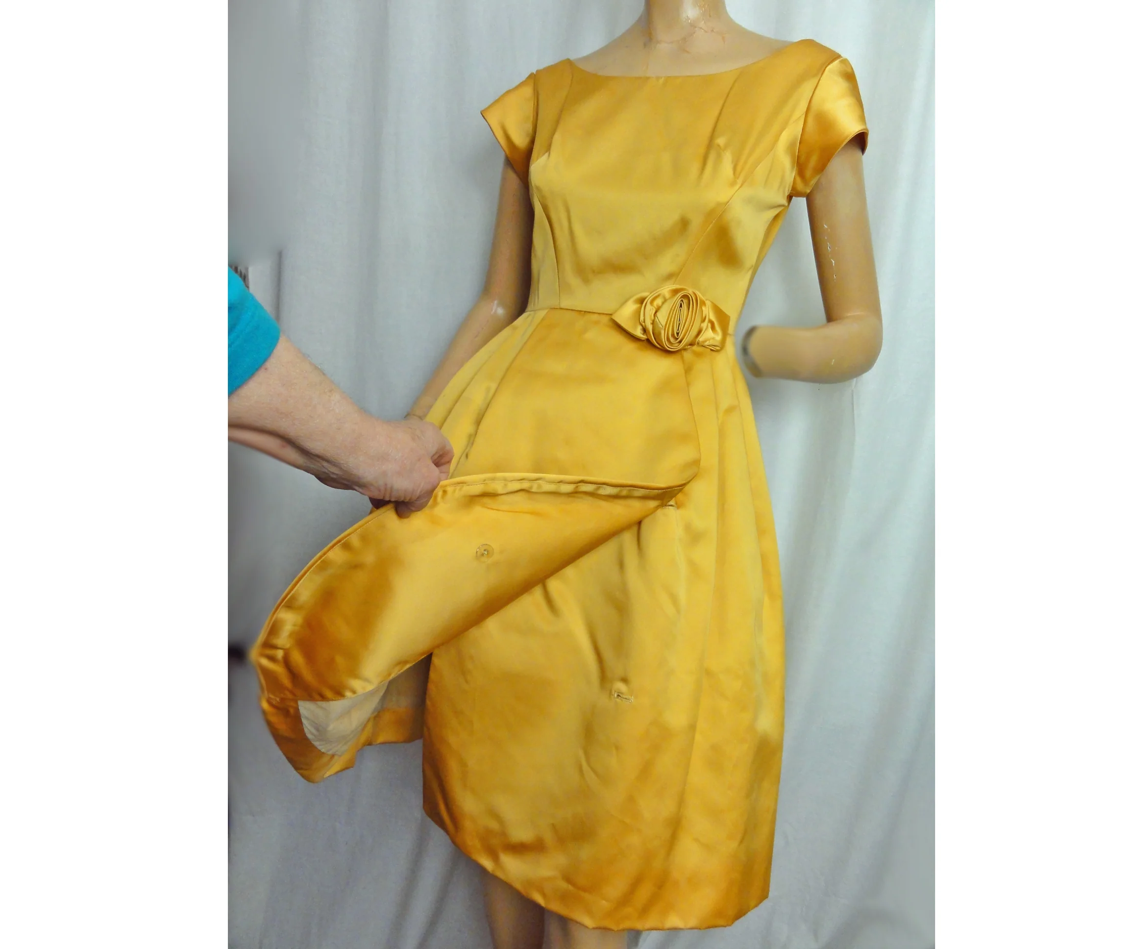 60s Party Dress Gold Satin Bubble Skirt Evening Gown - Image 4