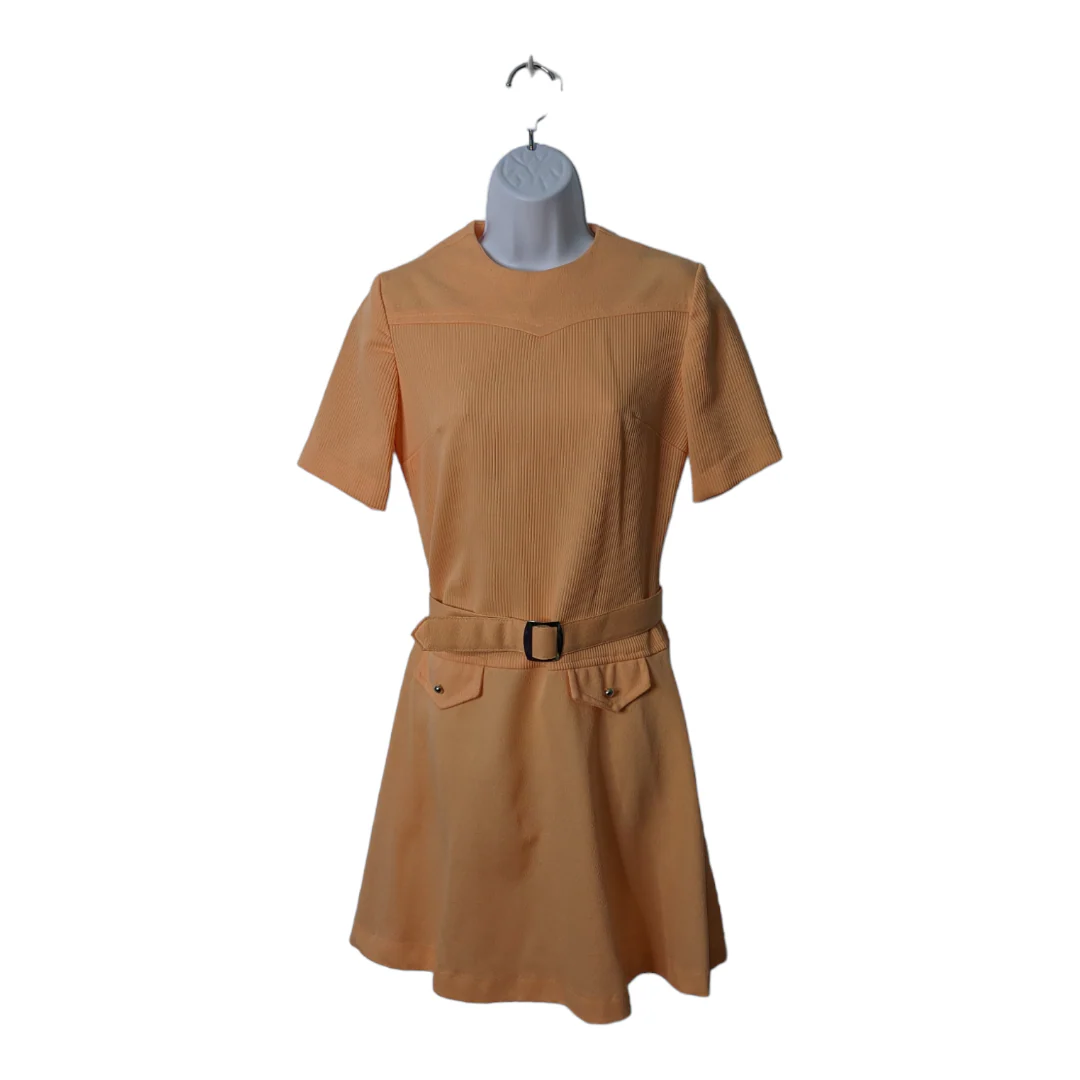 60s Peach Shift Dress Drop Waist Short Sleeve Belted By Fortrel Textured Polyester - Image 3