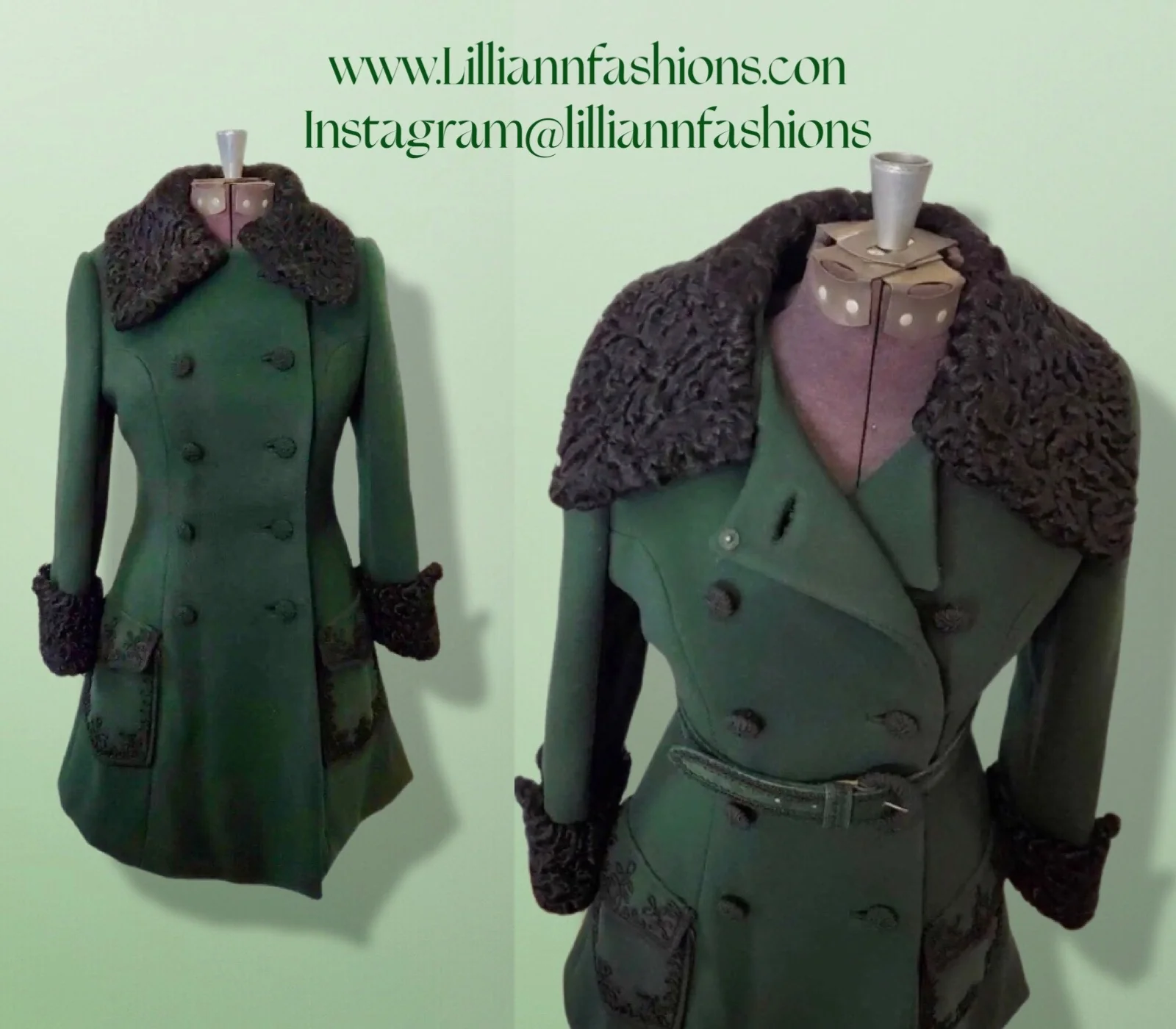 60s Peacoat Green Princess Wool Swakara Lamb Coat - Image 3