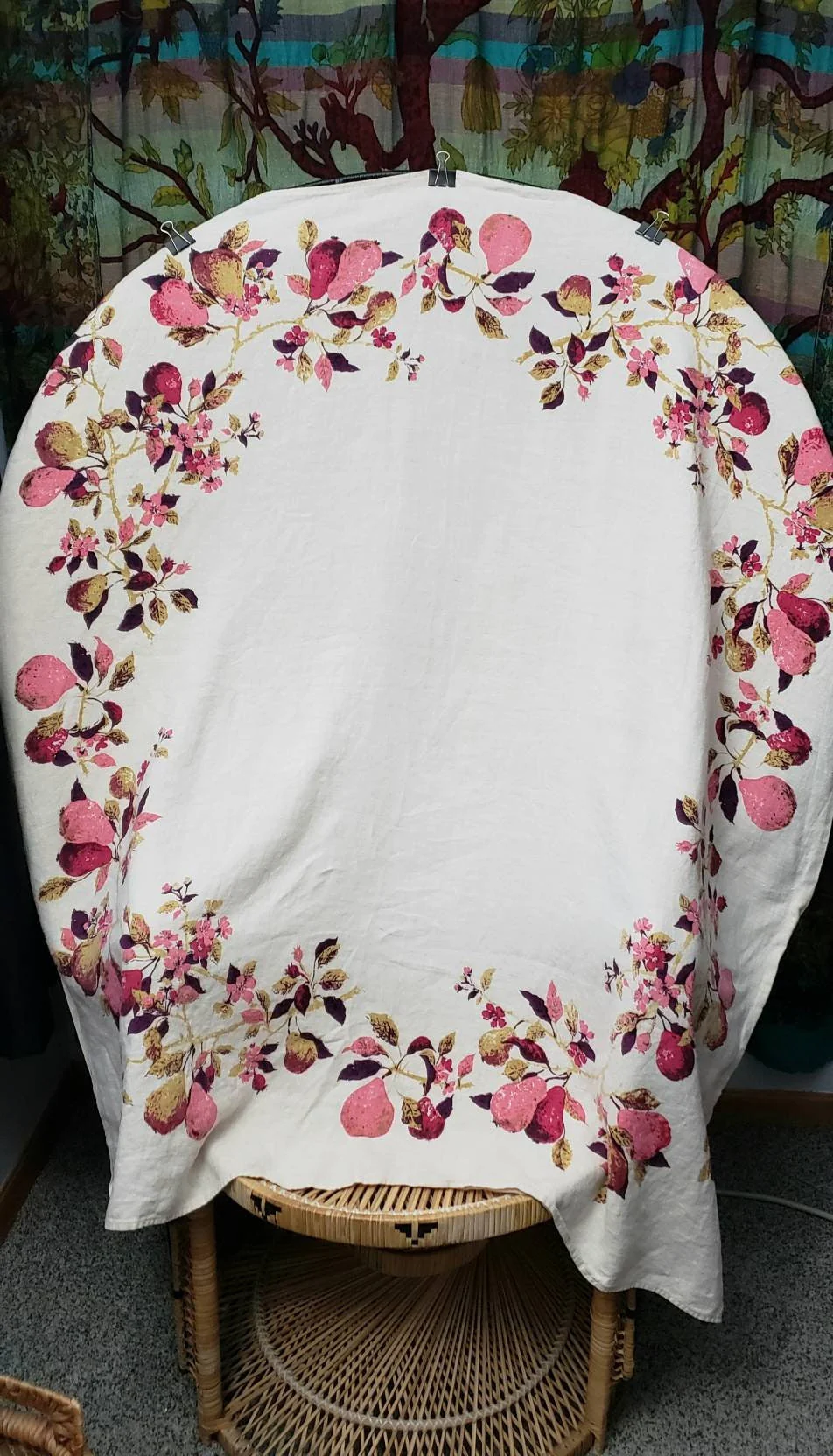 60s Pears Vintage Linen with Fruit Housewarming Gift Crimson Square Tablecloth 48" by Luther Travis - Image 2