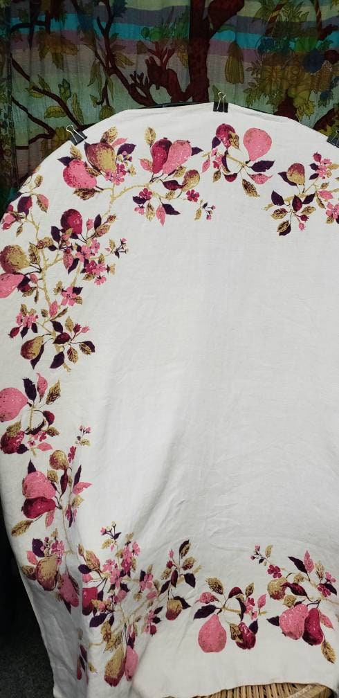 60s Pears Vintage Linen with Fruit Housewarming Gift Crimson Square Tablecloth 48" by Luther Travis - Image 4