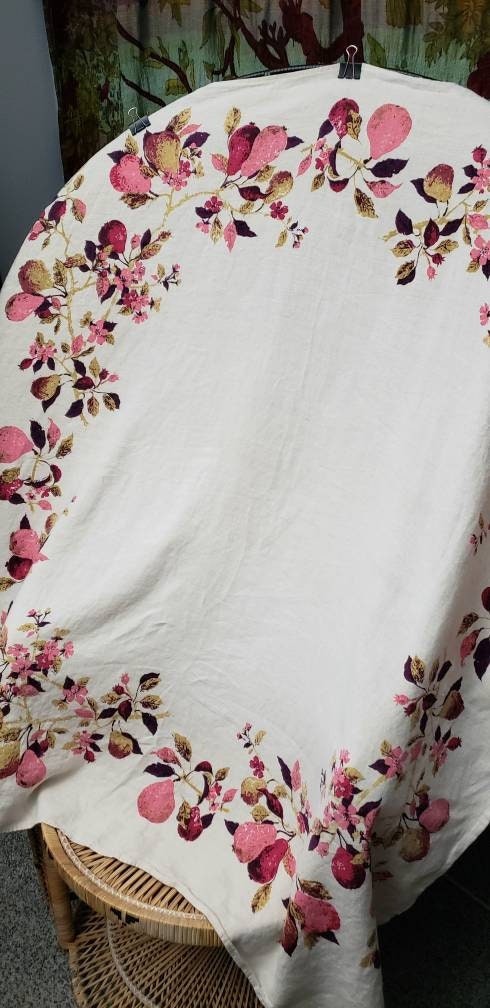 60s Pears Vintage Linen with Fruit Housewarming Gift Crimson Square Tablecloth 48" by Luther Travis - Image 5