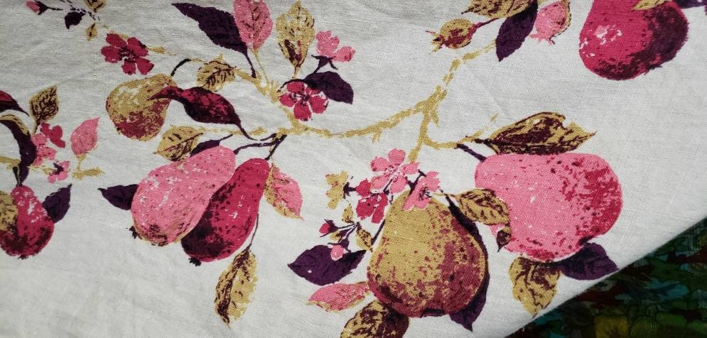 60s Pears Vintage Linen with Fruit Housewarming Gift Crimson Square Tablecloth 48" by Luther Travis - Image 6