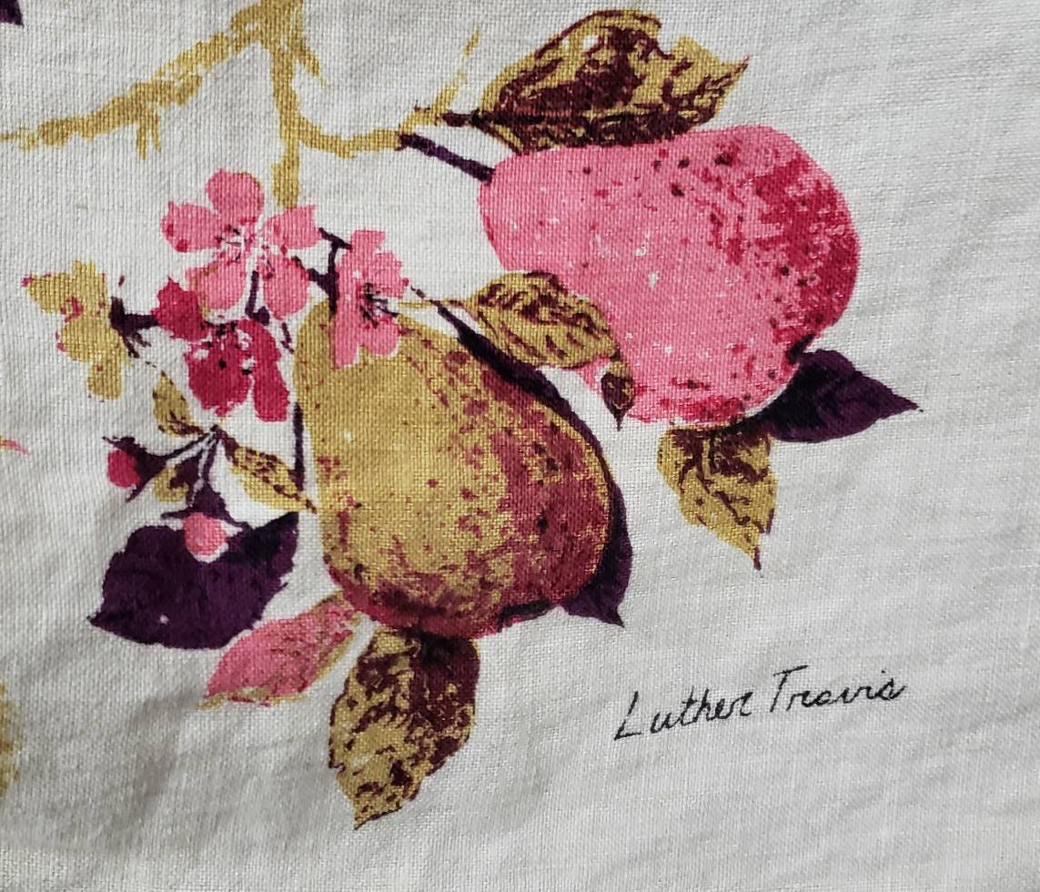 60s Pears Vintage Linen with Fruit Housewarming Gift Crimson Square Tablecloth 48" by Luther Travis - Image 7