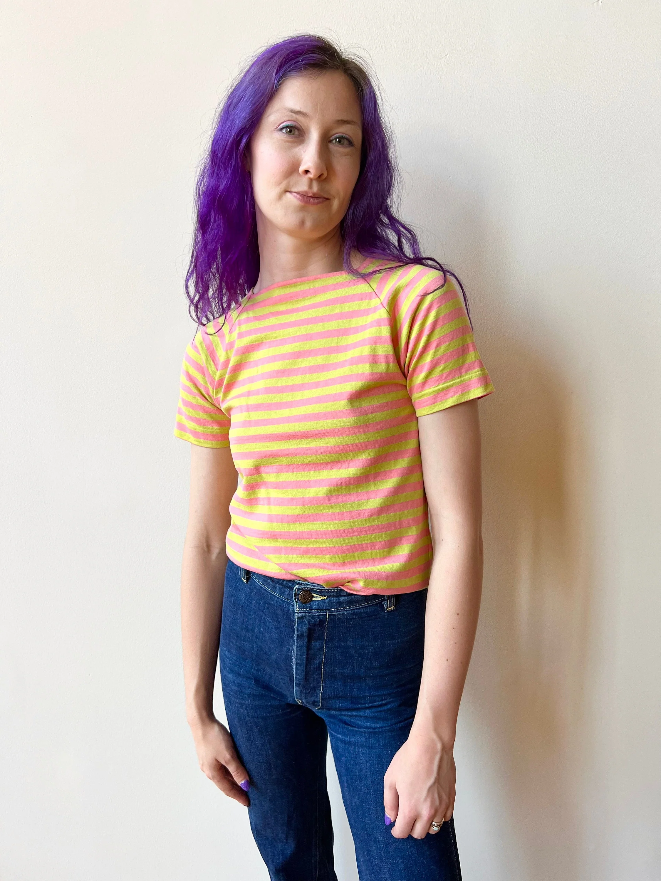 60s Pink and Green Horizontal Striped Short Sleeve Tee Shirt - Image 2