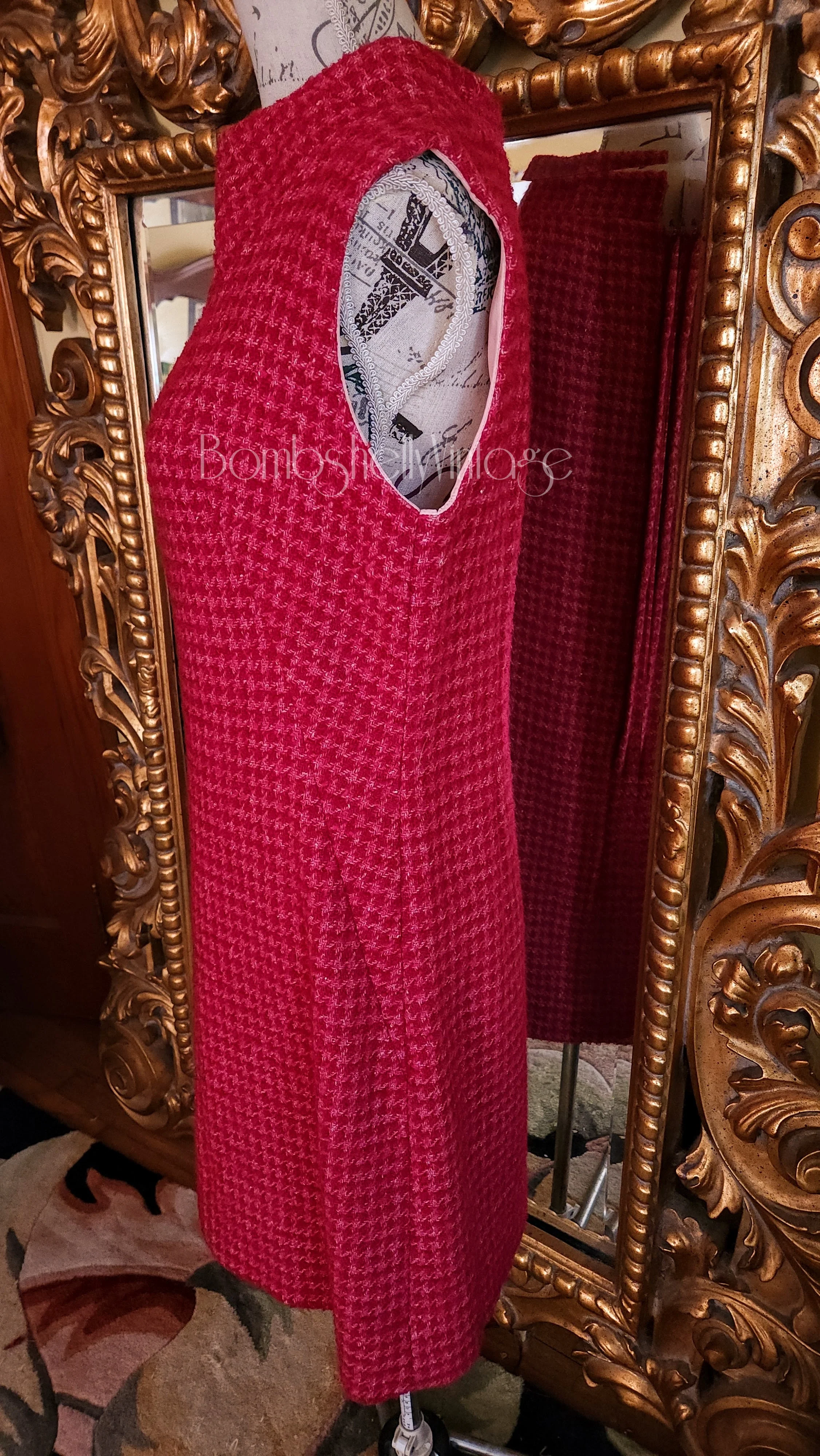 60s Pink And Red Wool Check Sheath Dress By Dorothy Ness for You - Image 3