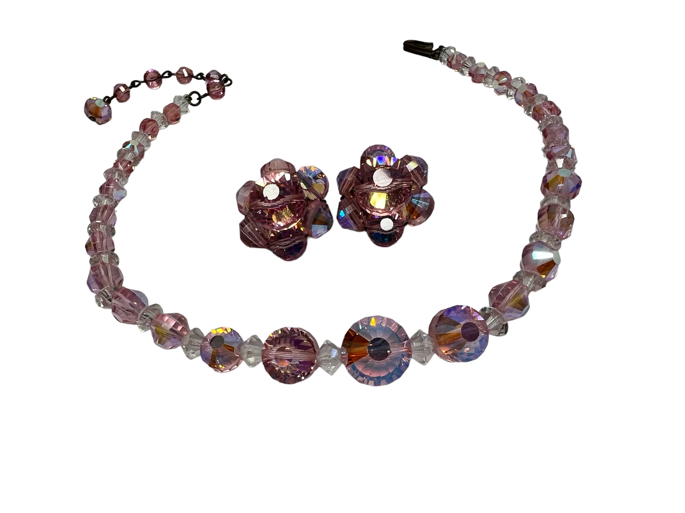 60s Pink Aurora Borealis Beaded Set Choker Earrings - Image 11
